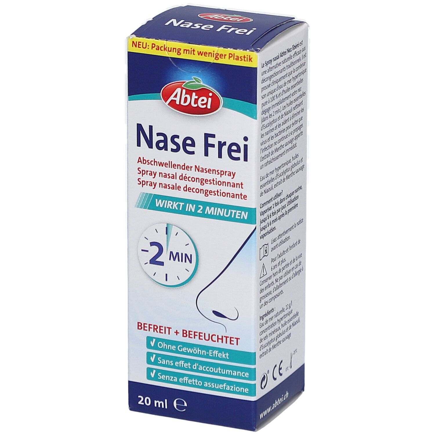 Abtei Nase Frei Nasenspray-Verpackung. Blaue und weiße Schachtel mit Produktnamen und Logo. Enthält 20 ml.