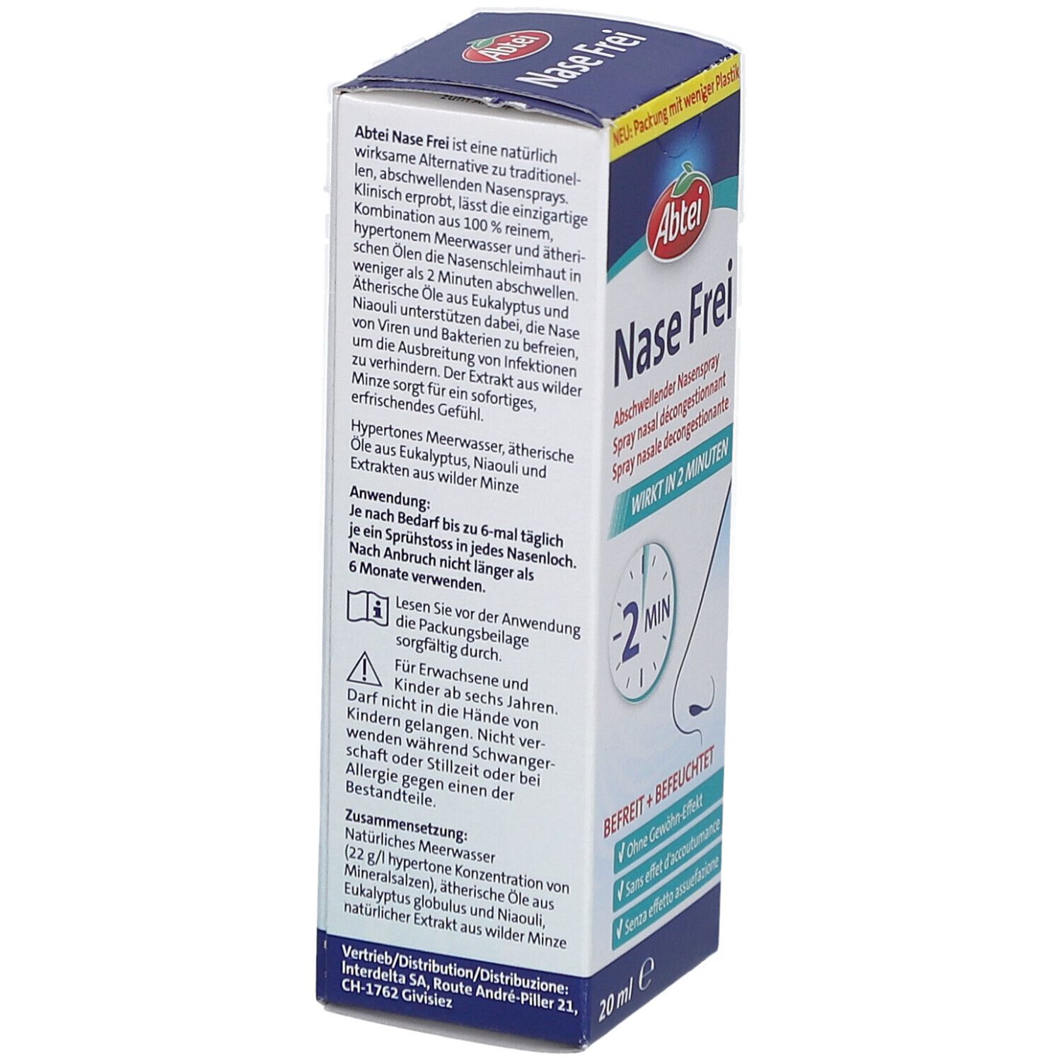 Rückseite der Abtei Nase Frei Nasenspray-Verpackung. Text in Deutsch. Enthält Informationen zum Produkt und Inhaltsstoffe.