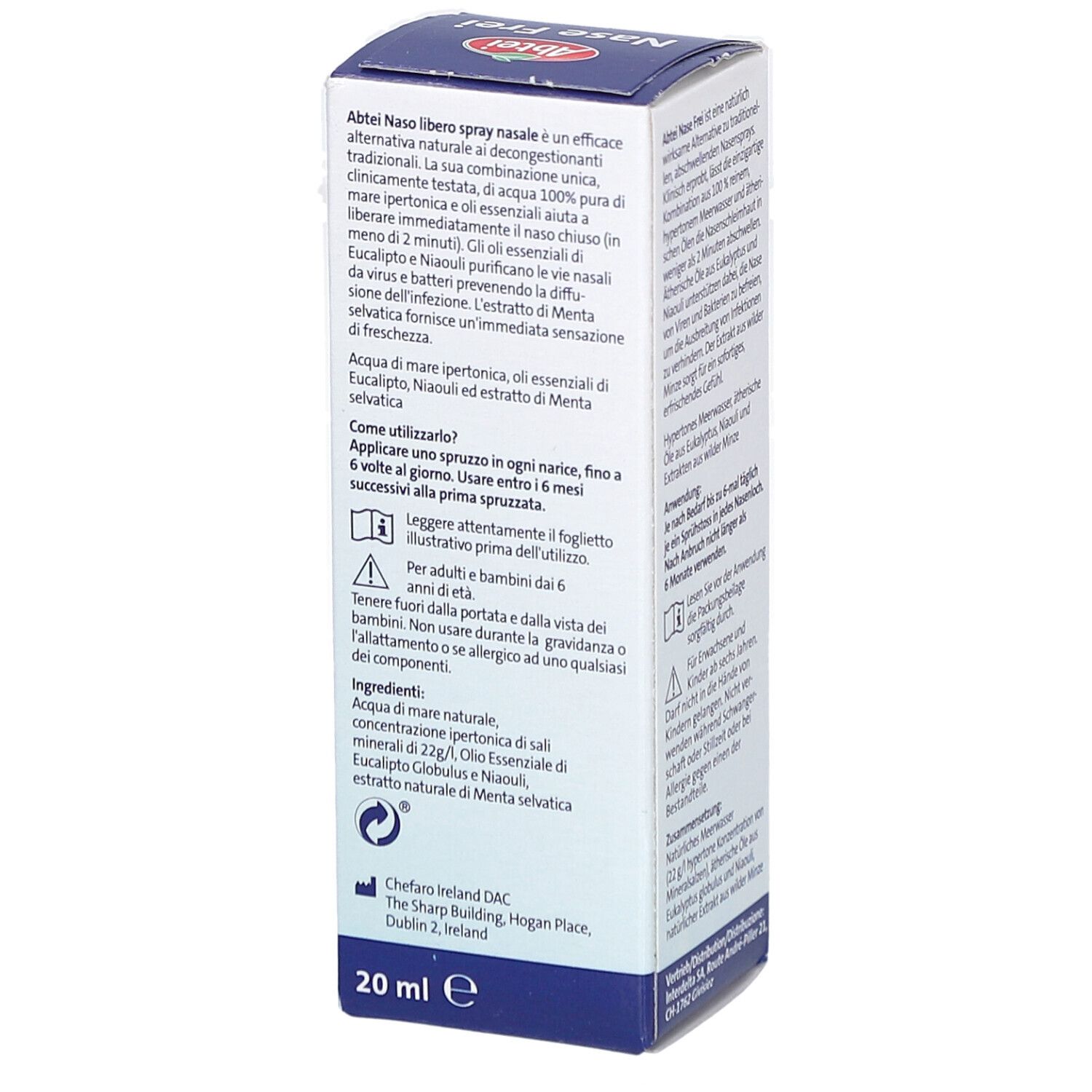 Seite der Abtei Nase Frei Nasenspray-Verpackung. Text in Deutsch. Enthält Informationen zur Anwendung und Inhaltsstoffe.