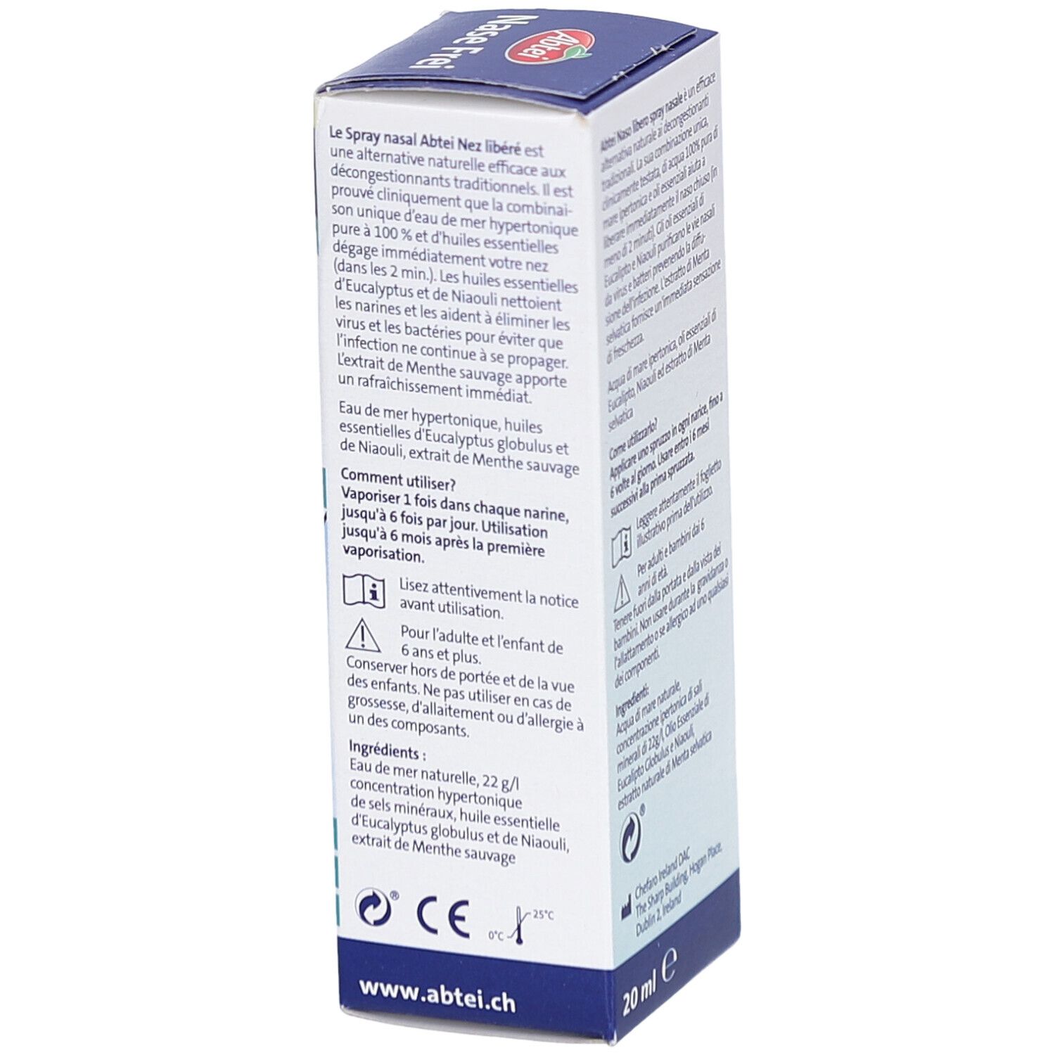 Seite der Abtei Nase Frei Nasenspray-Verpackung. Text in Französisch. Enthält Informationen zur Anwendung und Inhaltsstoffe.