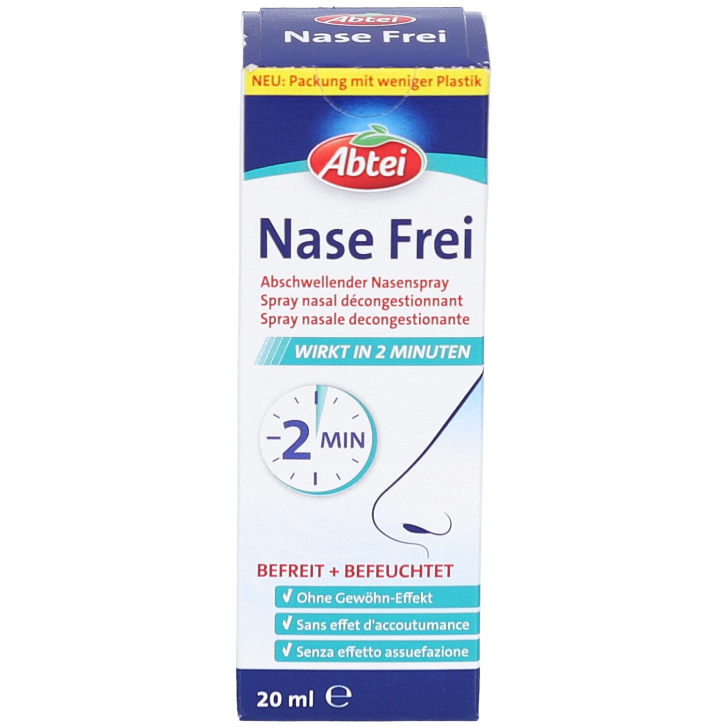 Vorderseite der Abtei Nase Frei Nasenspray-Verpackung. Blaue und weiße Schachtel mit Produktnamen und Logo. Enthält 20 ml.