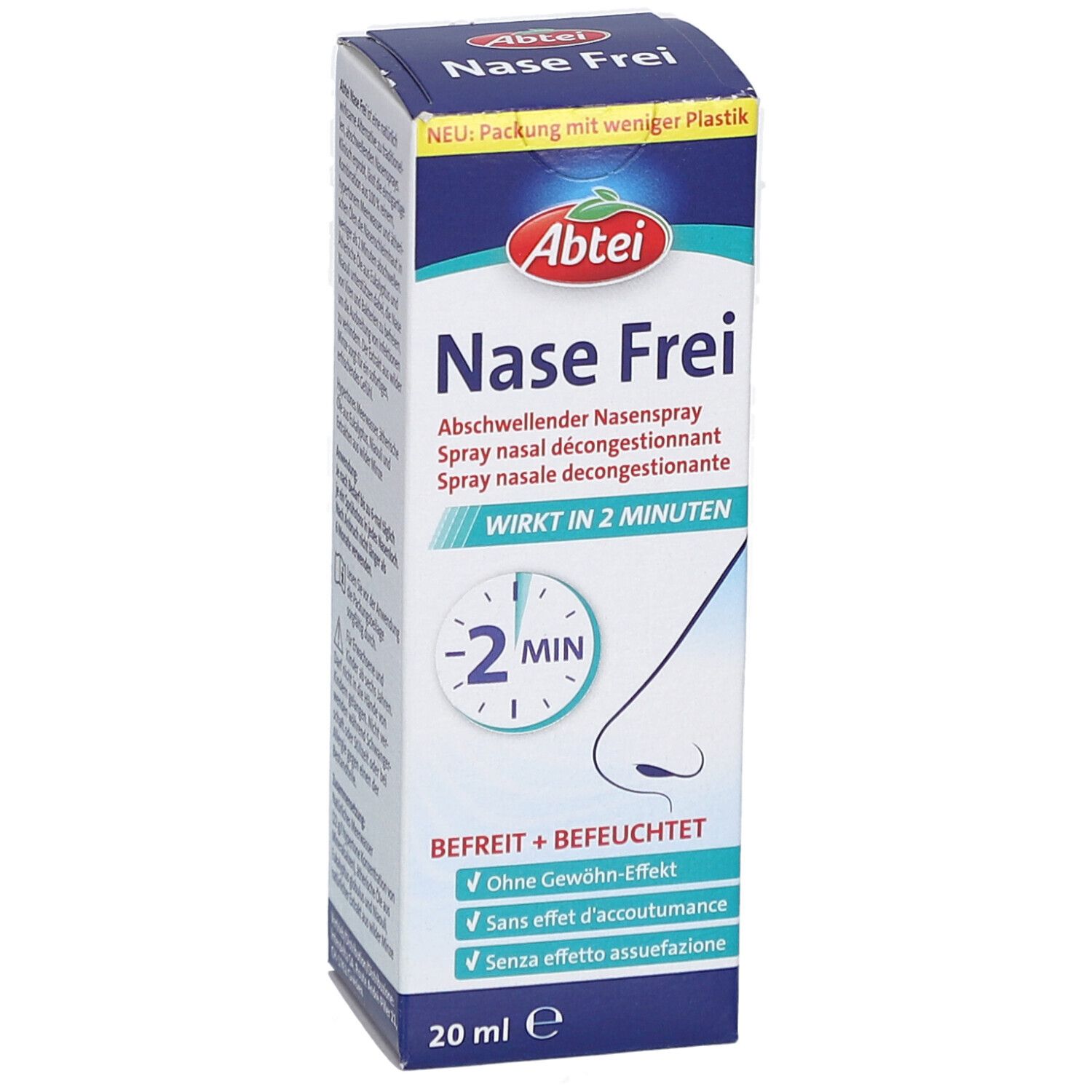 Abtei Nase Frei Nasenspray-Verpackung. Blaue und weiße Schachtel mit Produktnamen und Logo. Enthält 20 ml.