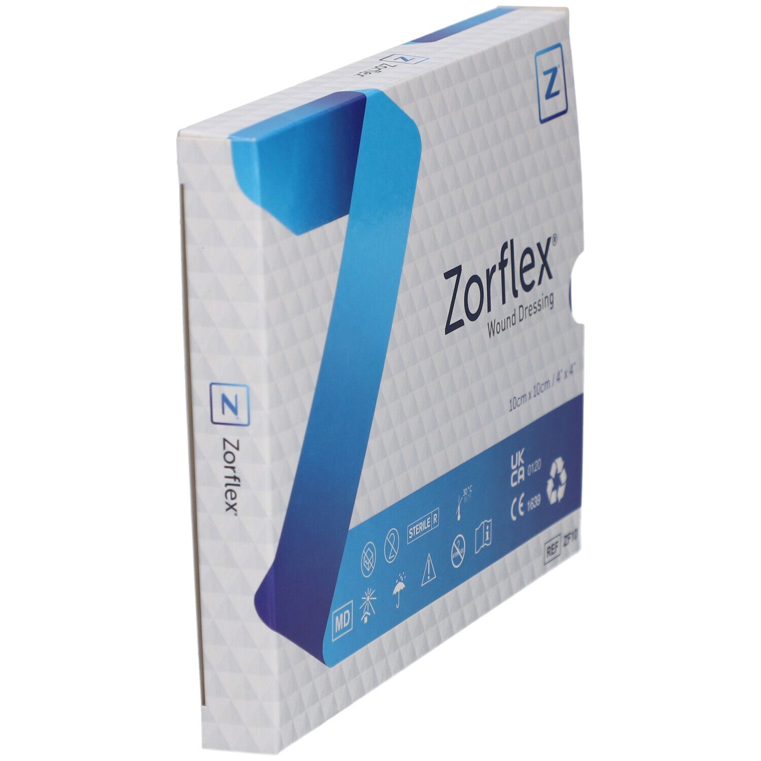 Zorflex Wundverband-Verpackung, schräg. Größe 10 x 10 cm. Verpackung mit blauen und weißen Elementen, Produktname und Logos.
