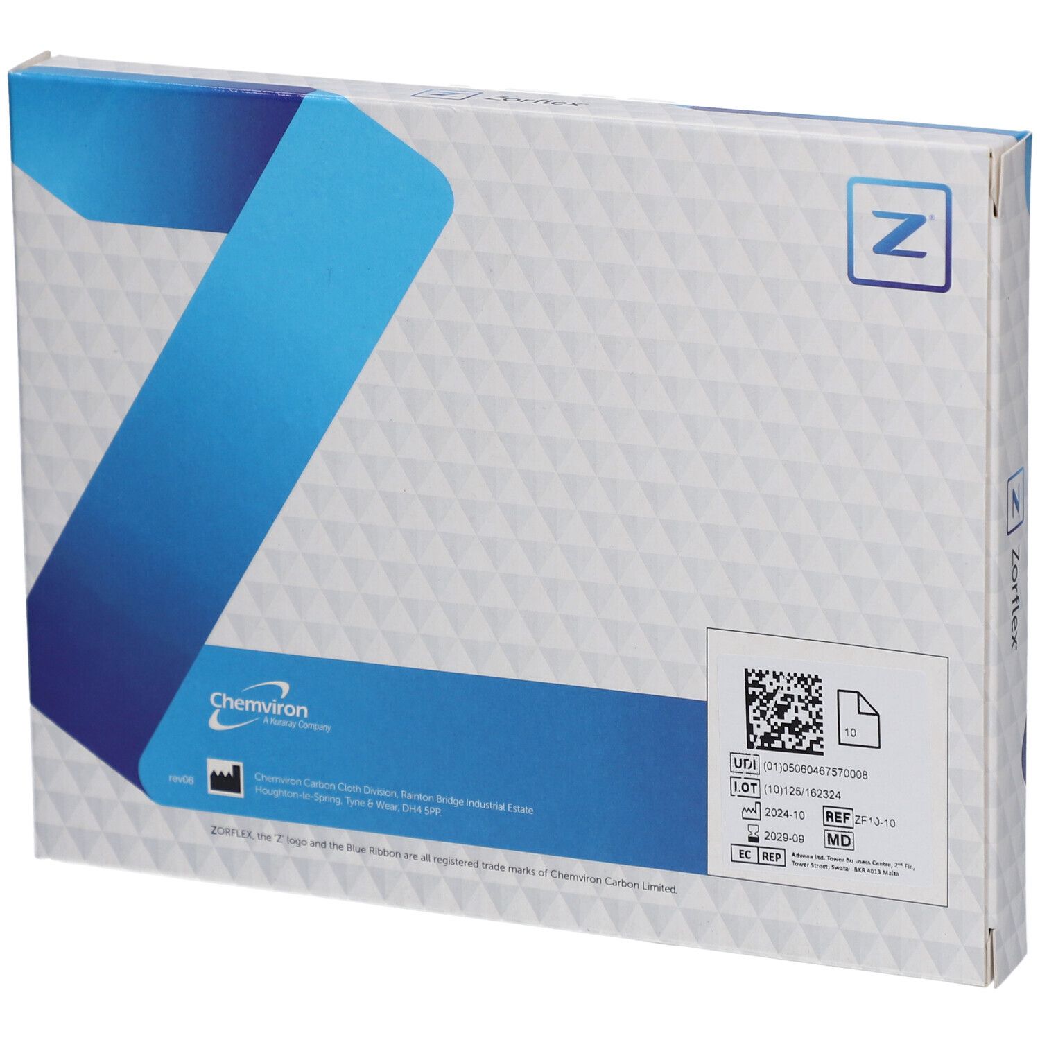 Verpackung von Zorflex Wundverband. Rückseite mit Informationen, QR-Code und Logos. Größe 10 x 10 cm.