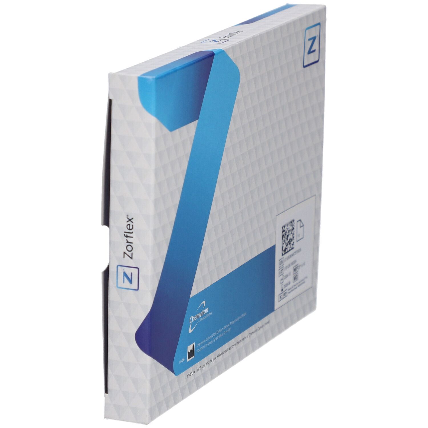 Zorflex Wundverband-Verpackung, schräg. Rückseite mit Informationen, QR-Code und Logos. Größe 10 x 10 cm.