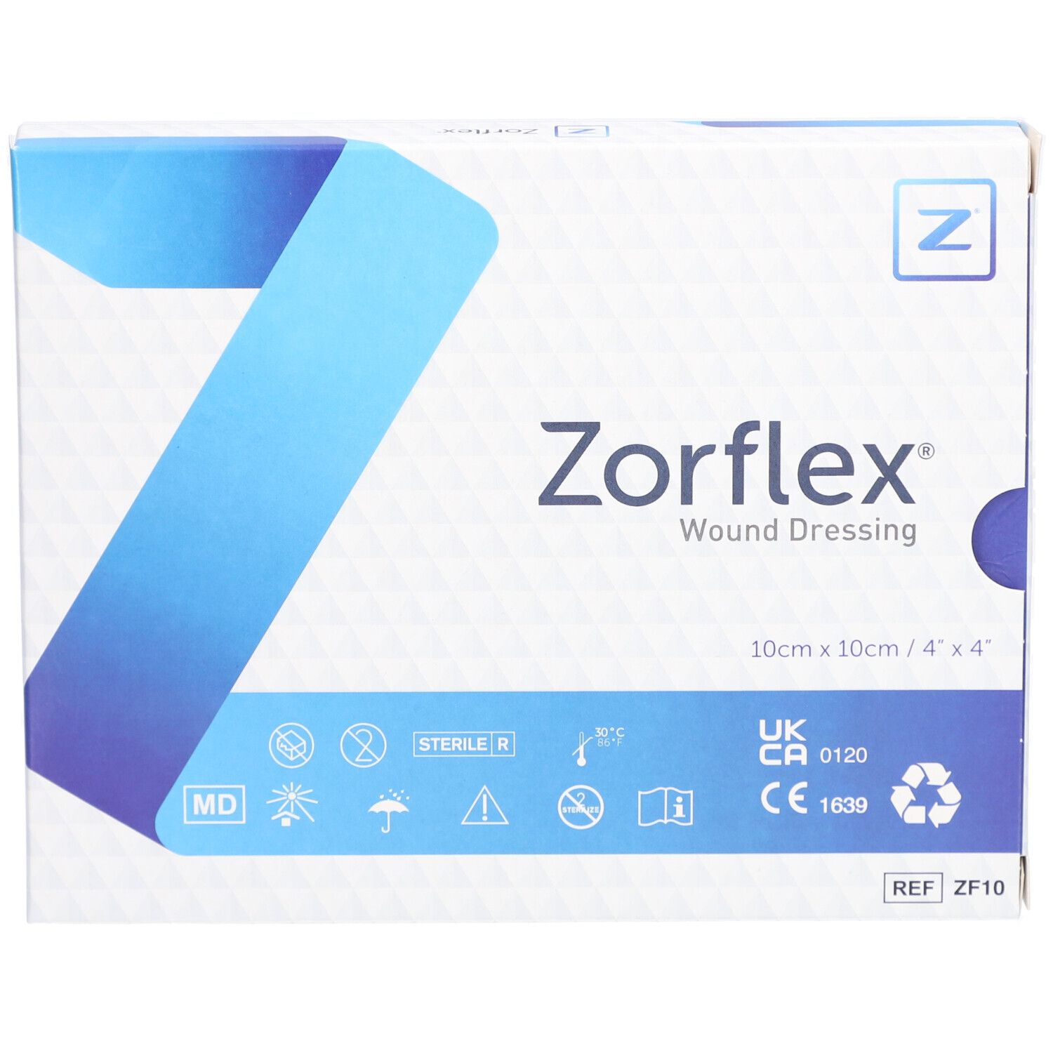 Zorflex Wundverband-Verpackung. Größe 10 x 10 cm. Verpackung mit blauen und weißen Elementen, Produktname und Logos.