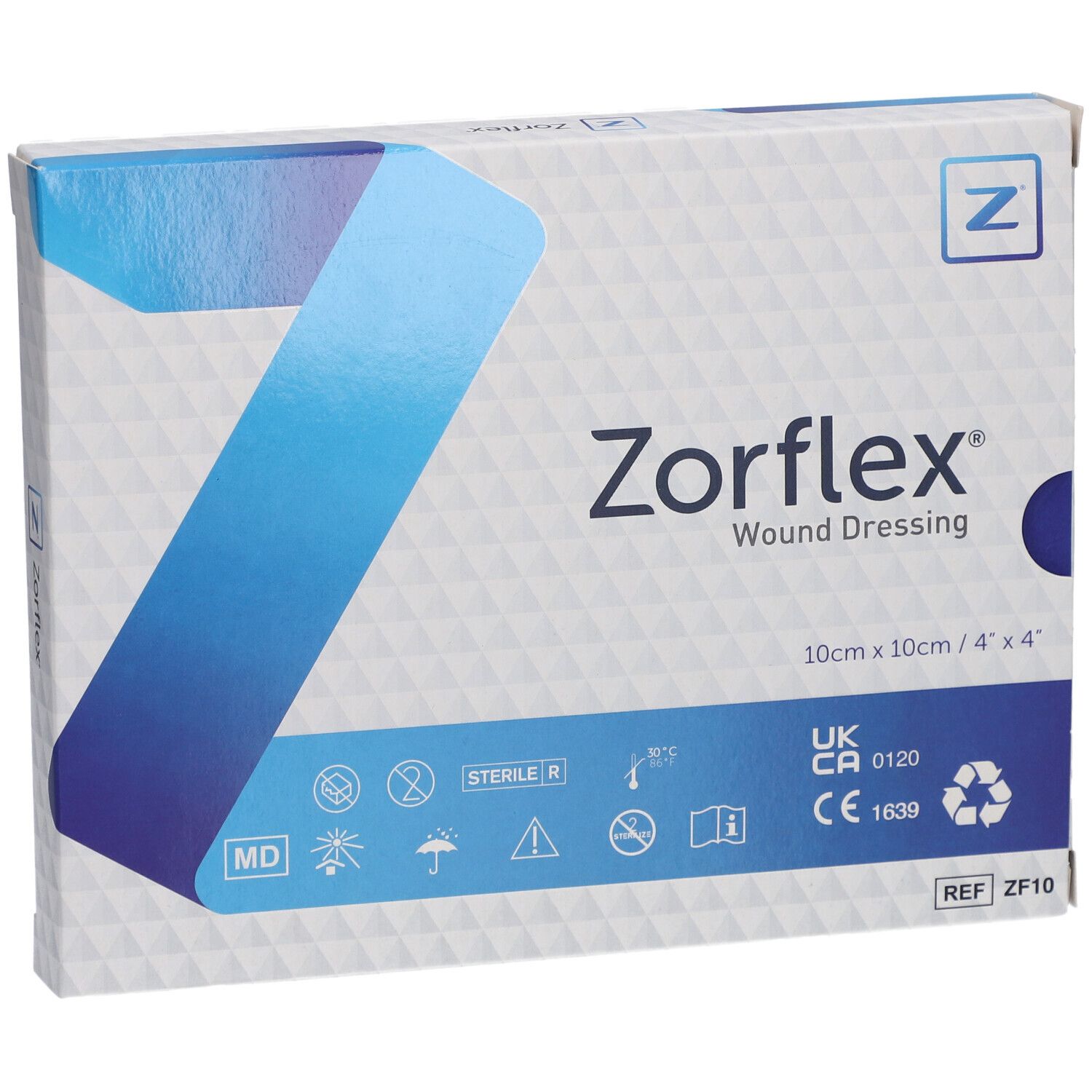 Zorflex Wundverband-Verpackung. Größe 10 x 10 cm. Verpackung mit blauen und weißen Elementen, Produktname und Logos.