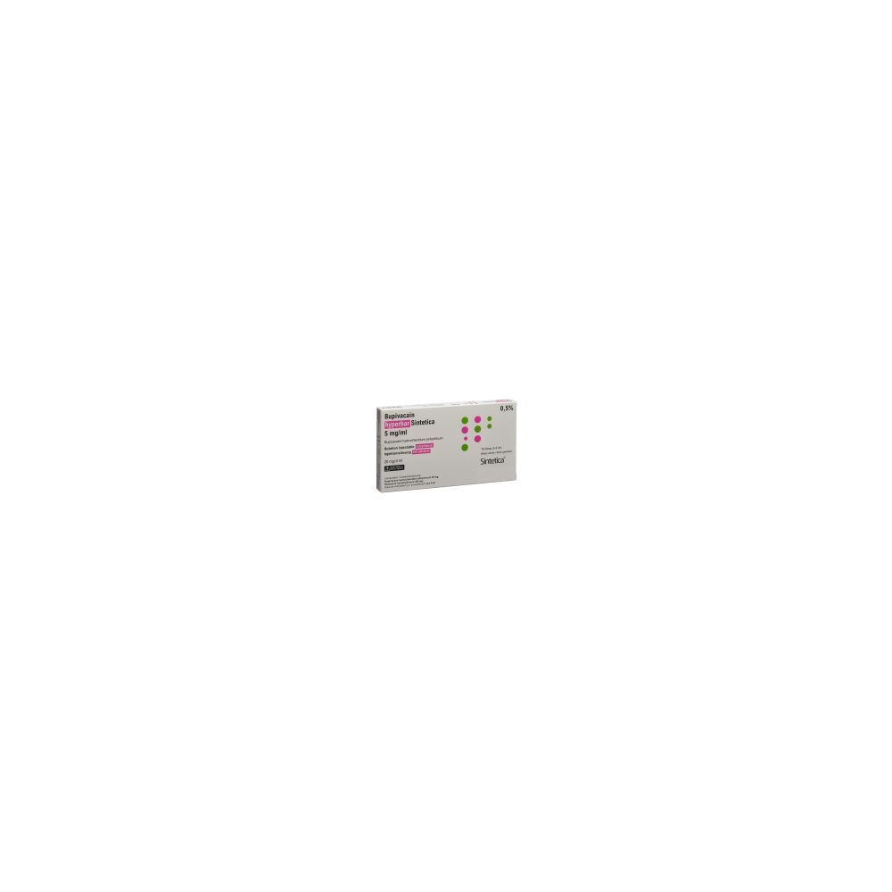 Kartonverpackung mit Produktinformationen. Rosa und grüne Akzente. Text: BUPIVACAIN hyperbar Sint 5 mg/ml ste Bli.