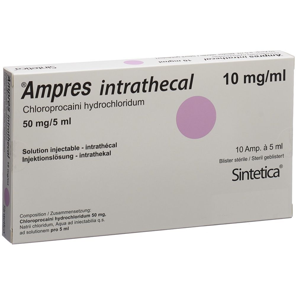 Boîte d'Ampres intrathecal. Contient 10 ampoules de 5 ml. Inscription: Chloroprocaini hydrochloridum 50 mg/5 ml. Marque: Sintetica.