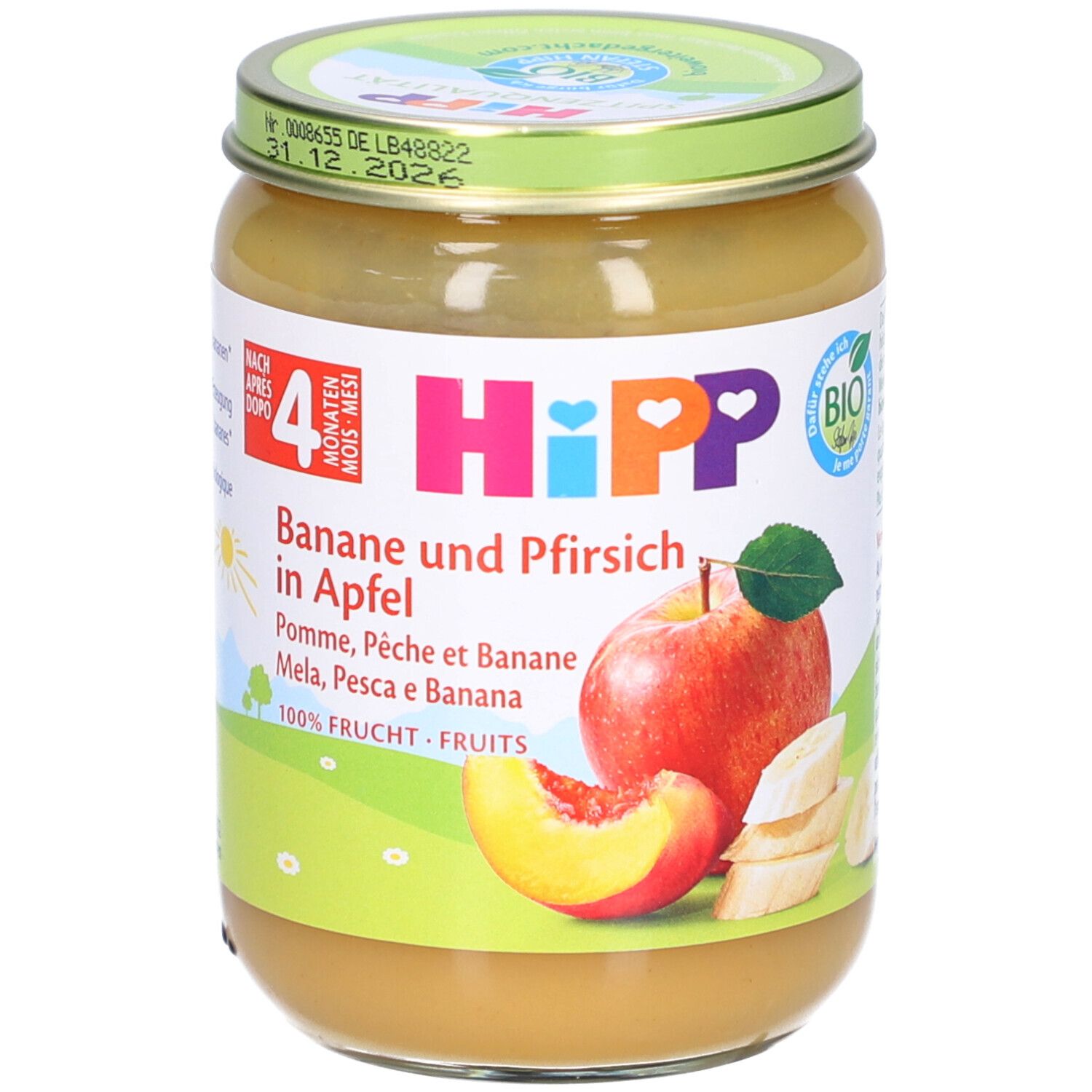 Pot de nourriture pour bébé. Inscription: HIPP, Banane et Pêche dans la pomme. Dès 4 mois. Label bio. Illustration de pomme, pêche et banane.
