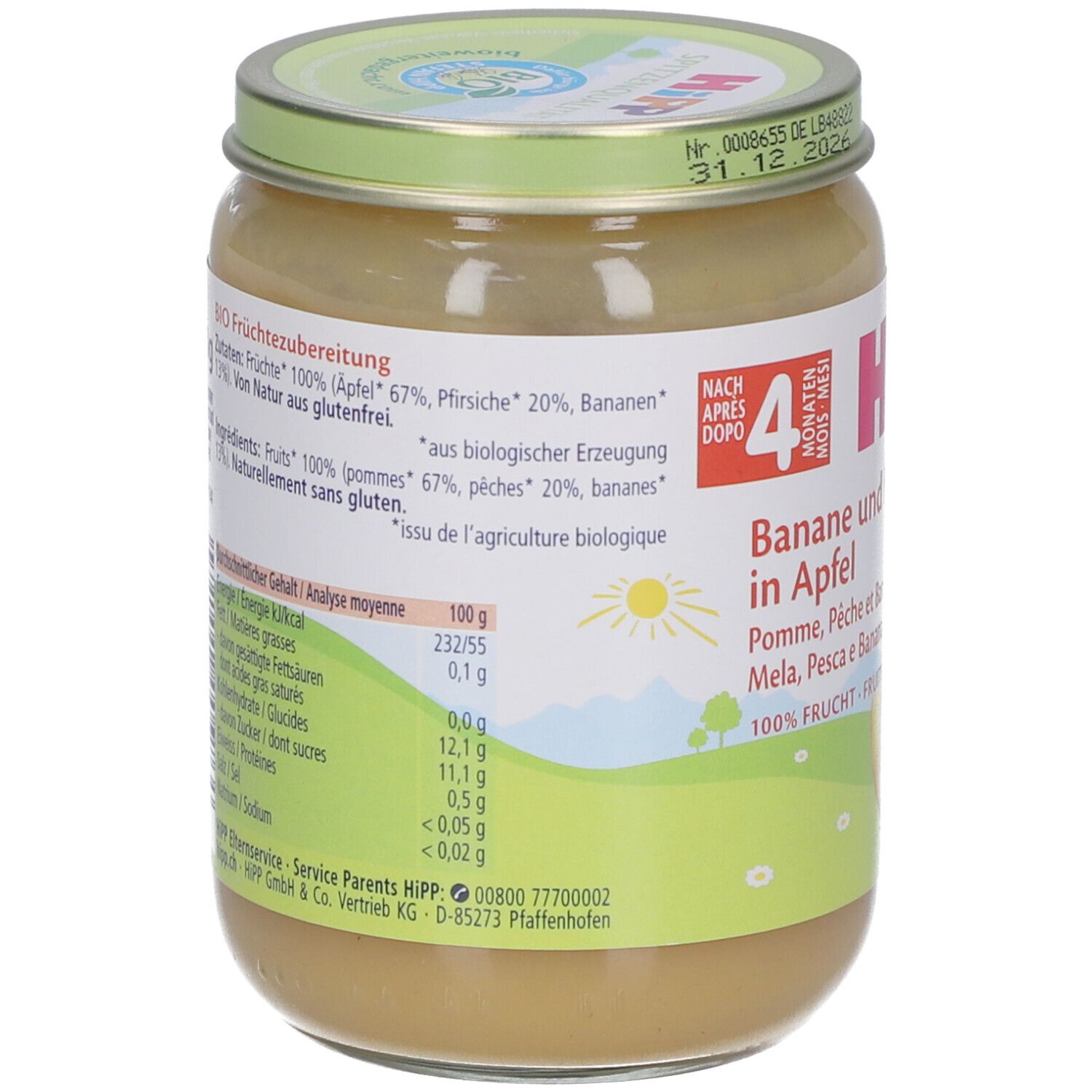 Pot de nourriture pour bébé. Dos avec informations nutritionnelles et liste des ingrédients. Inscription: HIPP, Banane et Pêche dans la pomme. Label bio.