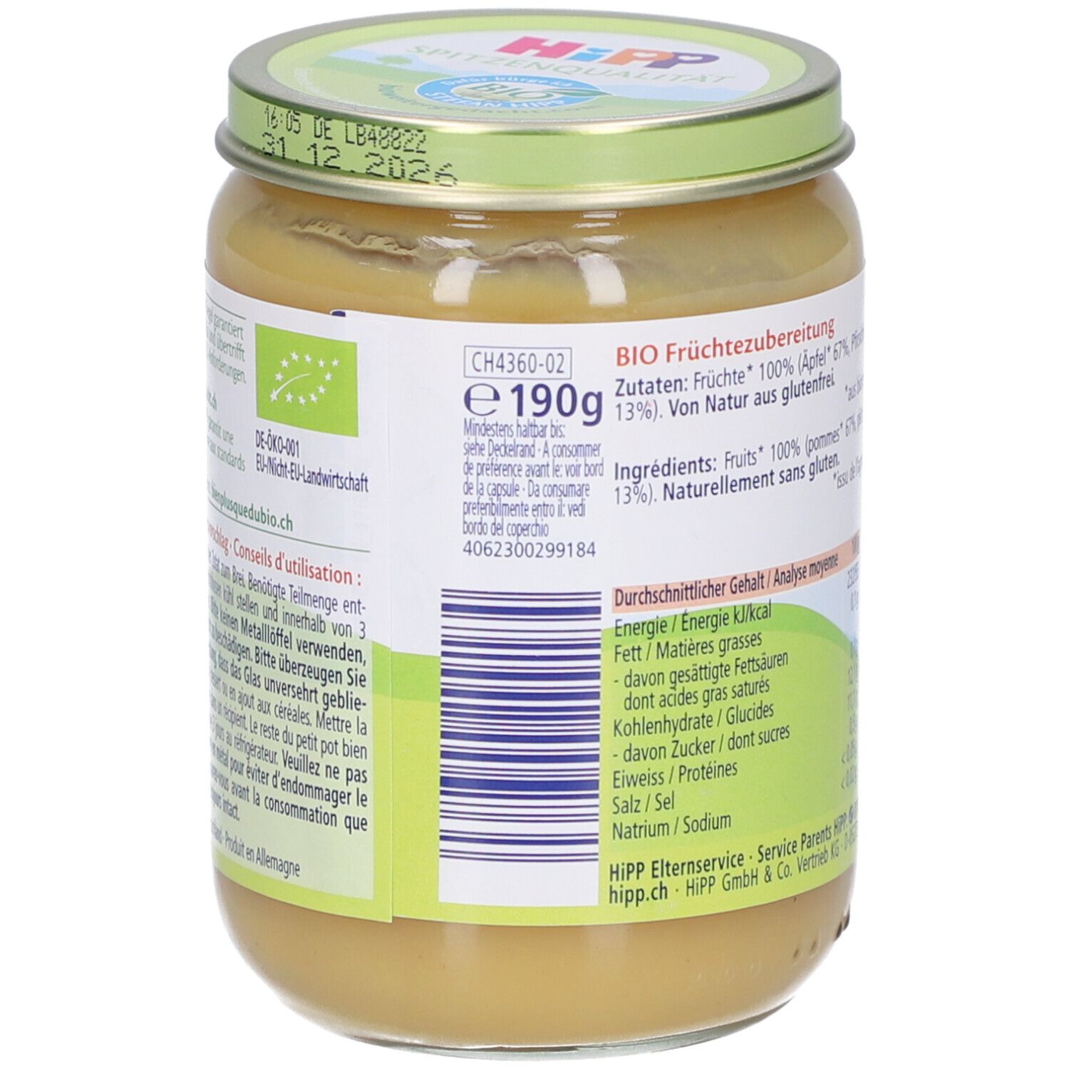 Pot de nourriture pour bébé. Dos avec informations nutritionnelles et liste des ingrédients. Inscription: HIPP, Banane et Pêche dans la pomme. Label bio. 190g.