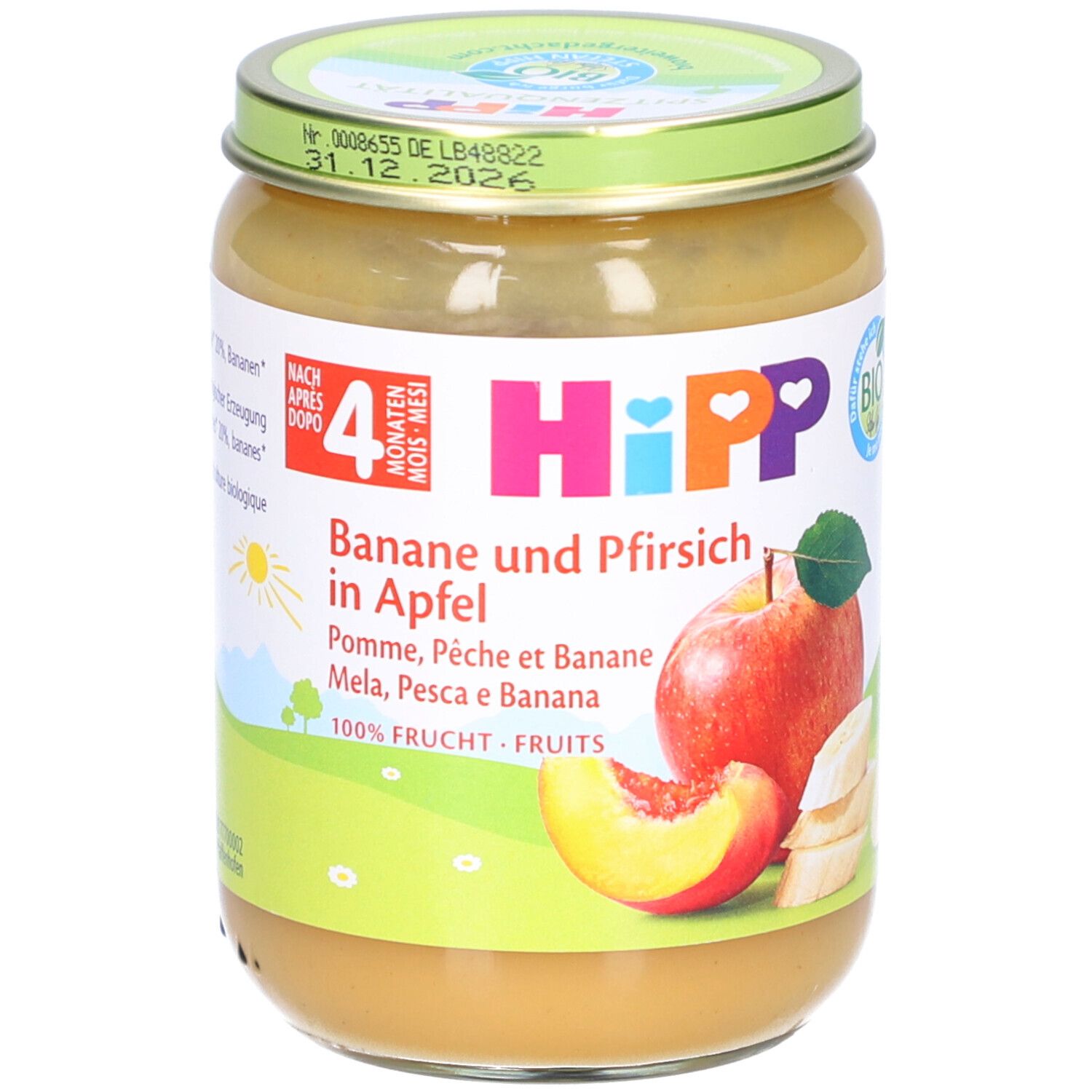 Pot de nourriture pour bébé. Inscription: HIPP, Banane et Pêche dans la pomme. Dès 4 mois. Label bio. Illustration de pomme, pêche et banane.