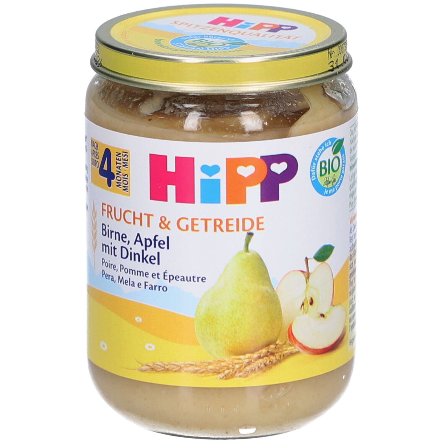 Glas mit HiPP Bio-Püree Birne Apfel mit Dinkel. Etikett mit Abbildung von Birne und Apfel. Bio-Siegel.