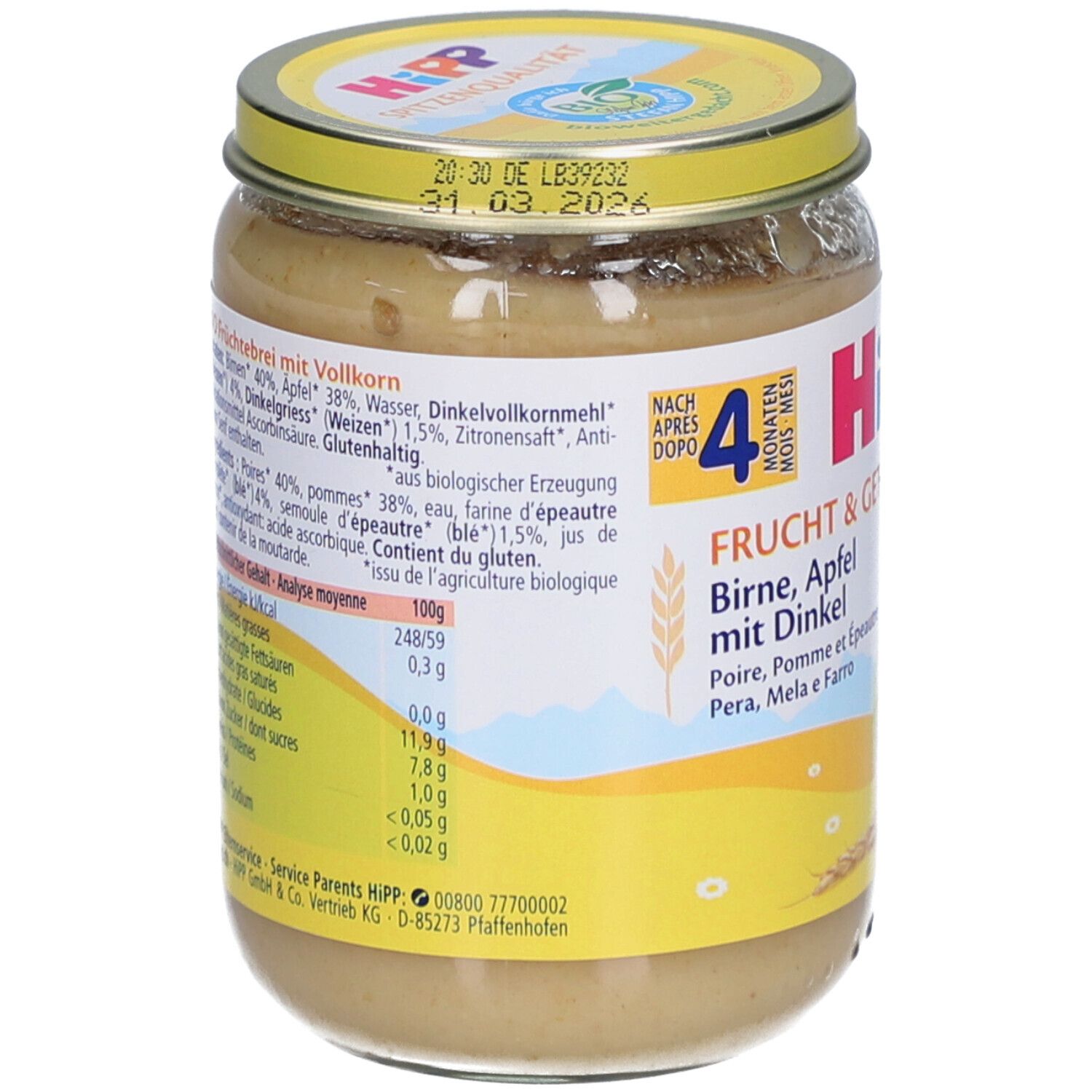 Glas HiPP Bio-Püree Birne Apfel mit Dinkel. Zutatenliste und Nährwertangaben. Bio-Siegel. Haltbarkeit.