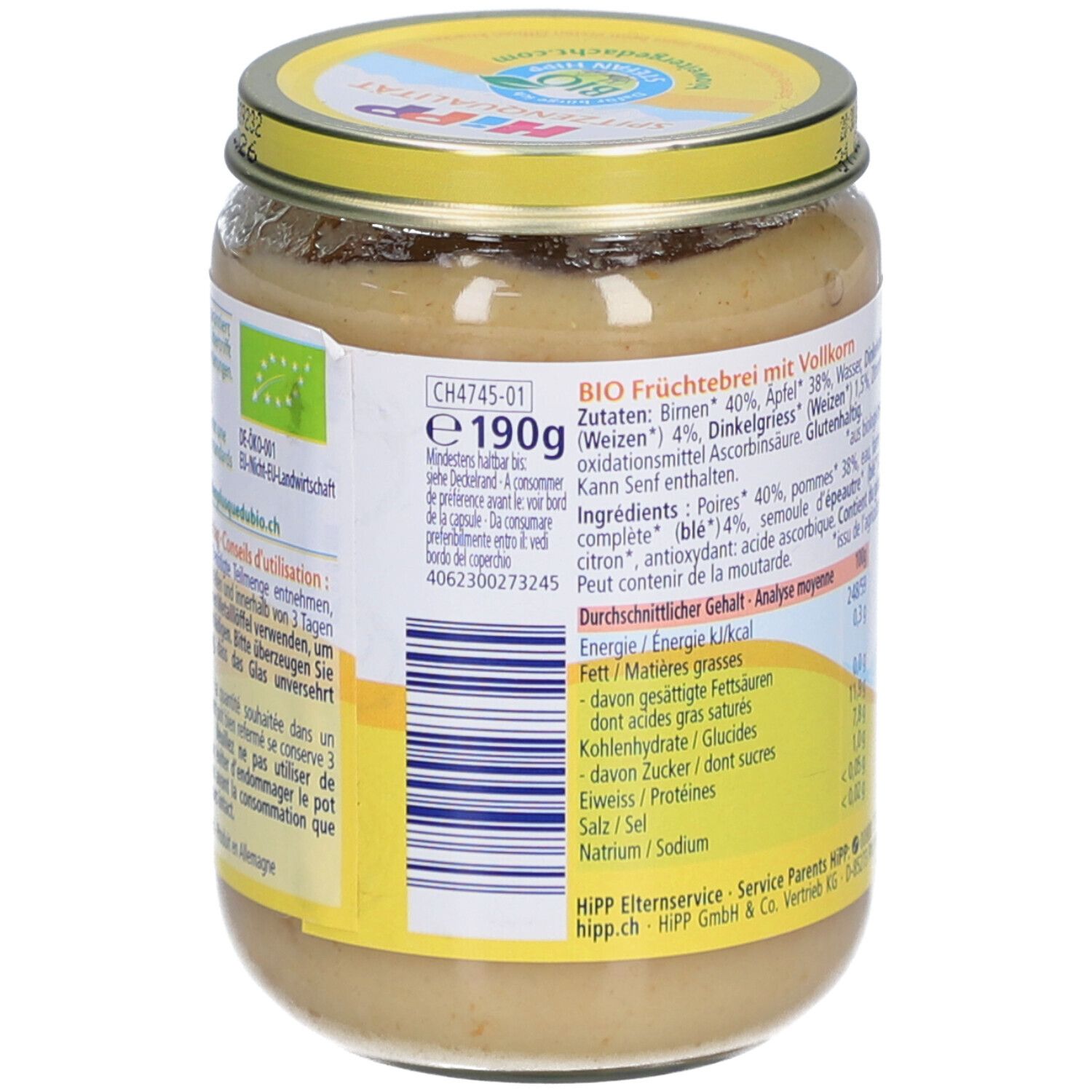 Rückseite des Glases HiPP Bio-Püree Birne Apfel mit Dinkel. Zutatenliste, Nährwertangaben und Bio-Siegel.