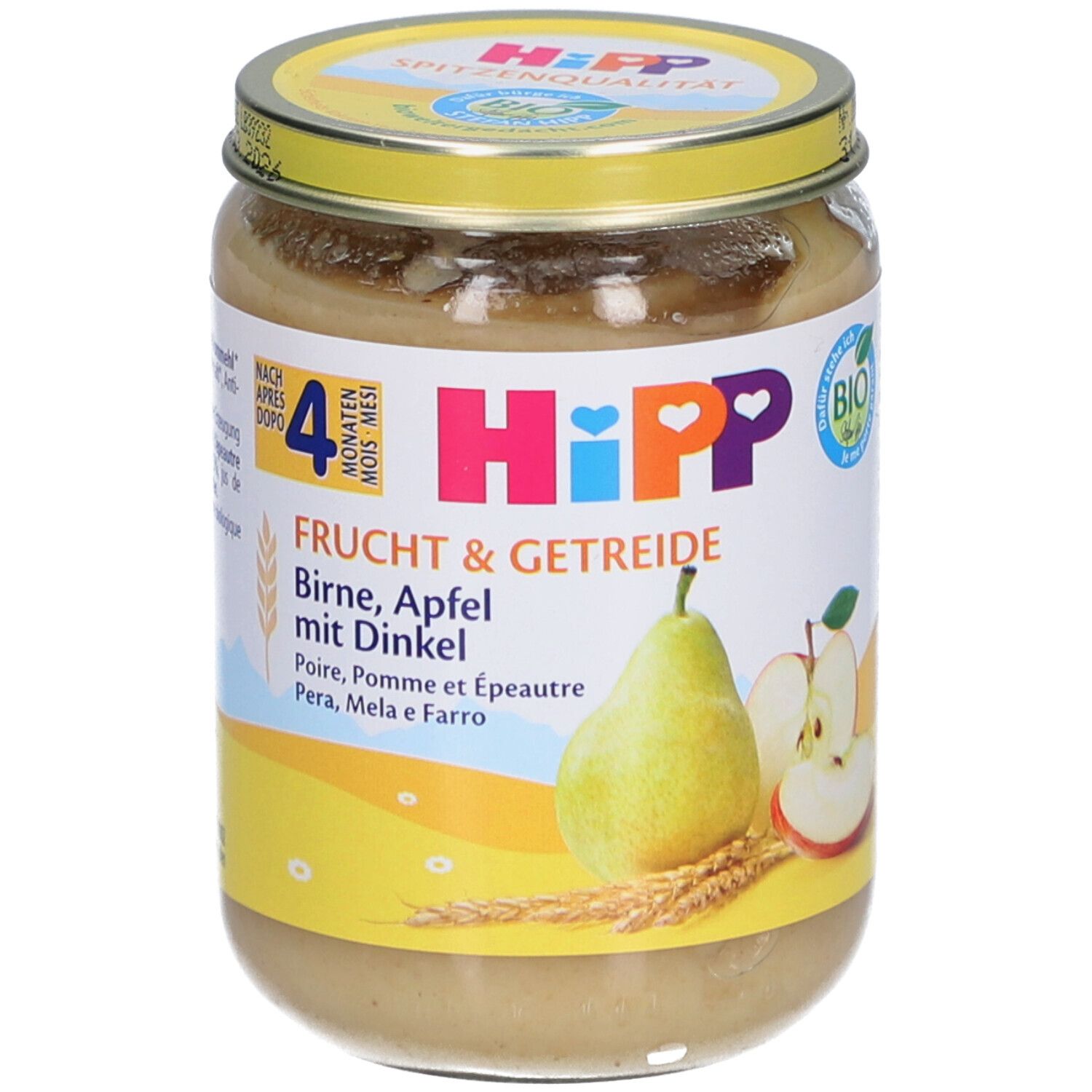 Glas HiPP Bio-Püree Birne Apfel mit Dinkel. Etikett mit Birne, Apfel und Getreide. Bio-Siegel.