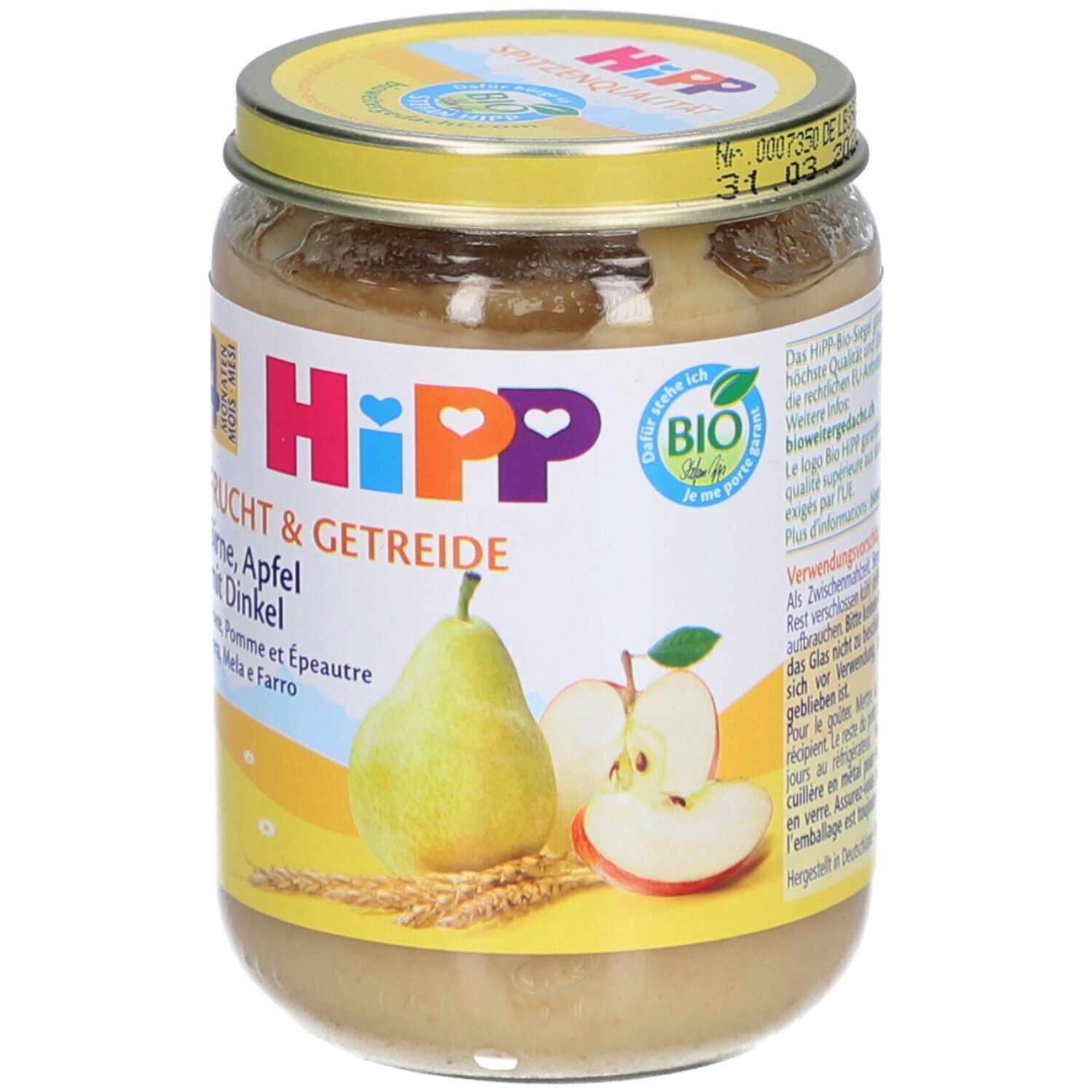 Glas HiPP Bio-Püree Birne Apfel mit Dinkel. Etikett mit Birne, Apfel und Getreide. Bio-Siegel.