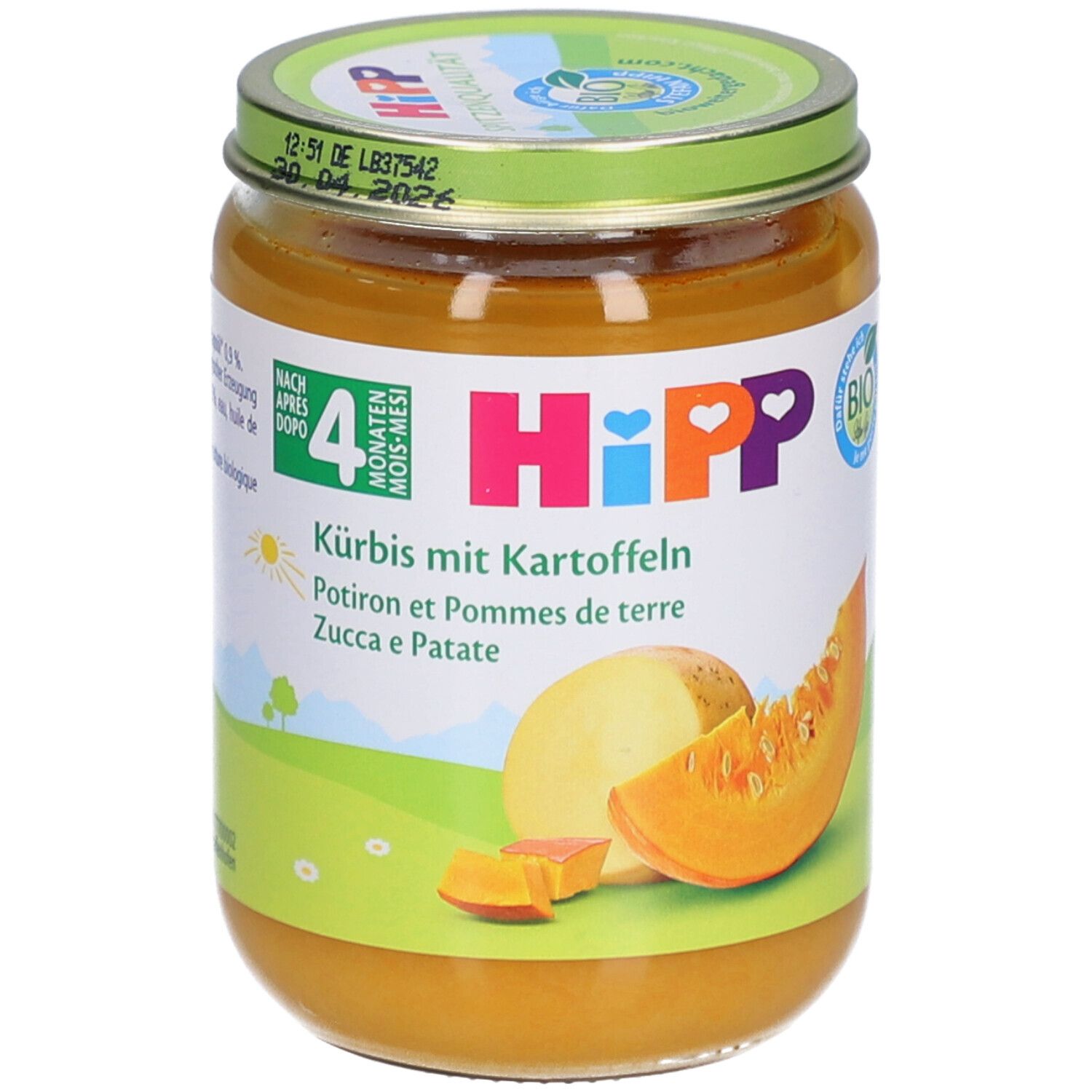 Pot de purée de potiron et pommes de terre. Logo HiPP et label bio. Illustration de courge et pomme de terre.