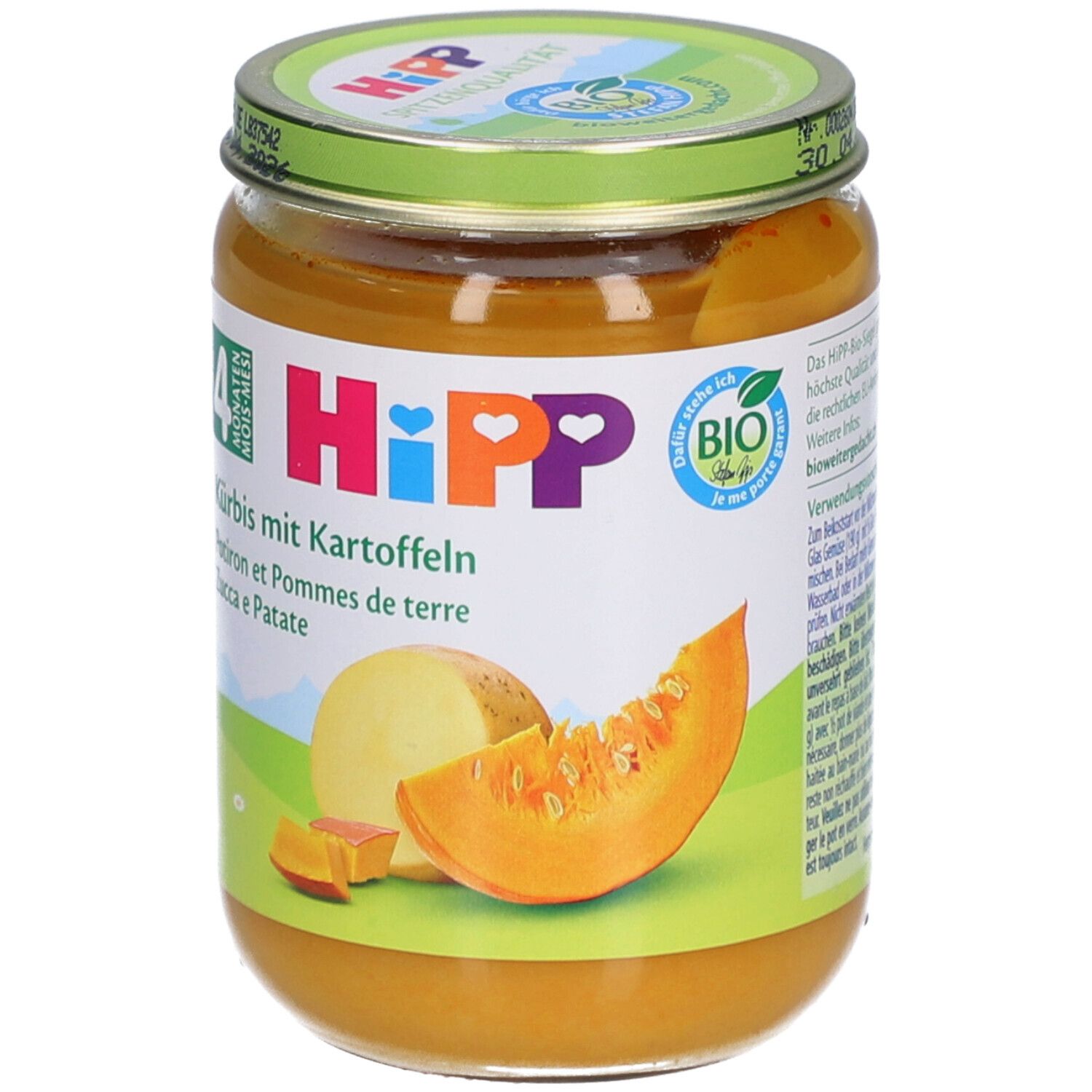 Pot de purée de potiron et pommes de terre. Logo HiPP et label bio. Illustration de courge et pomme de terre.