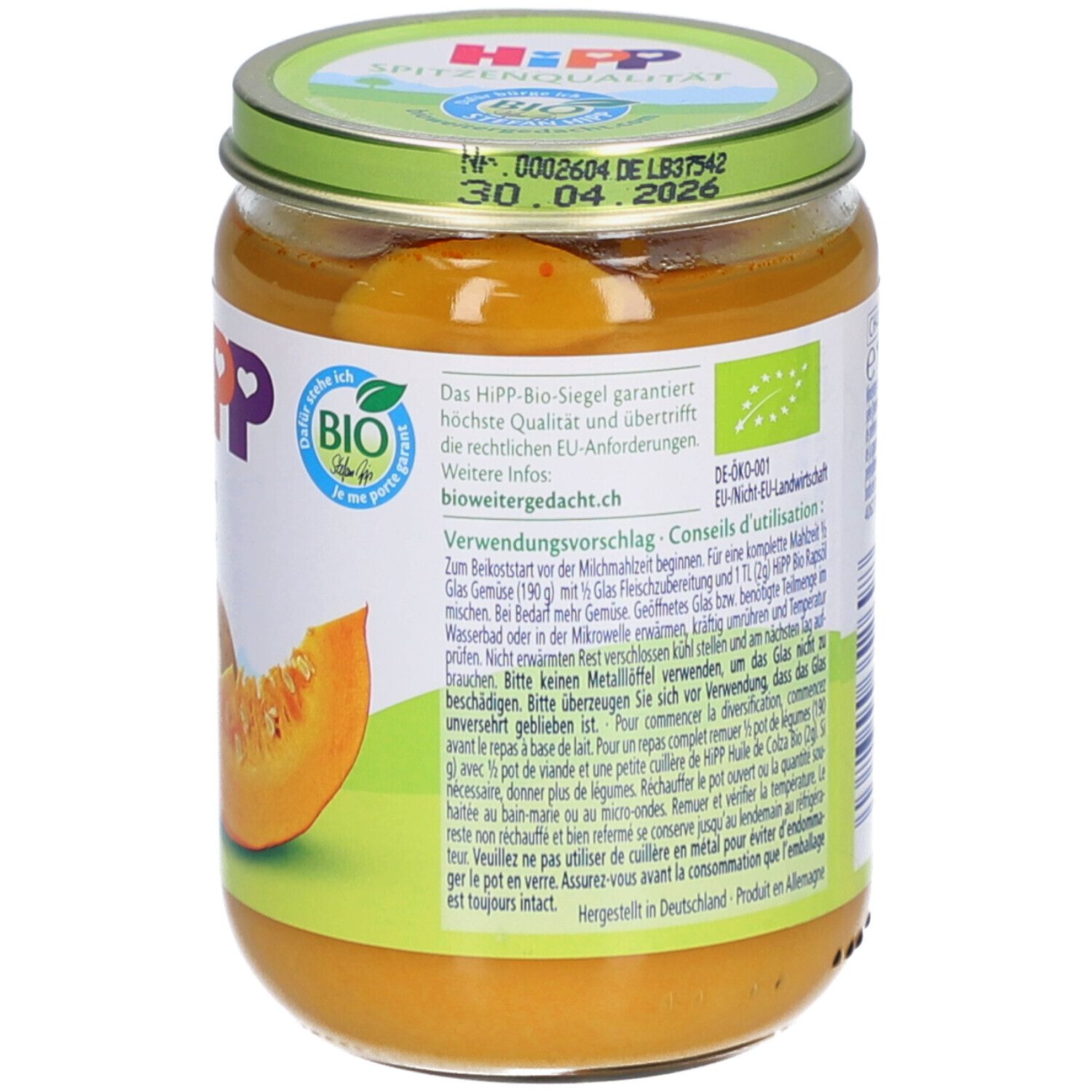 Pot de purée de potiron et pommes de terre. Informations au dos, label bio et logo HiPP.