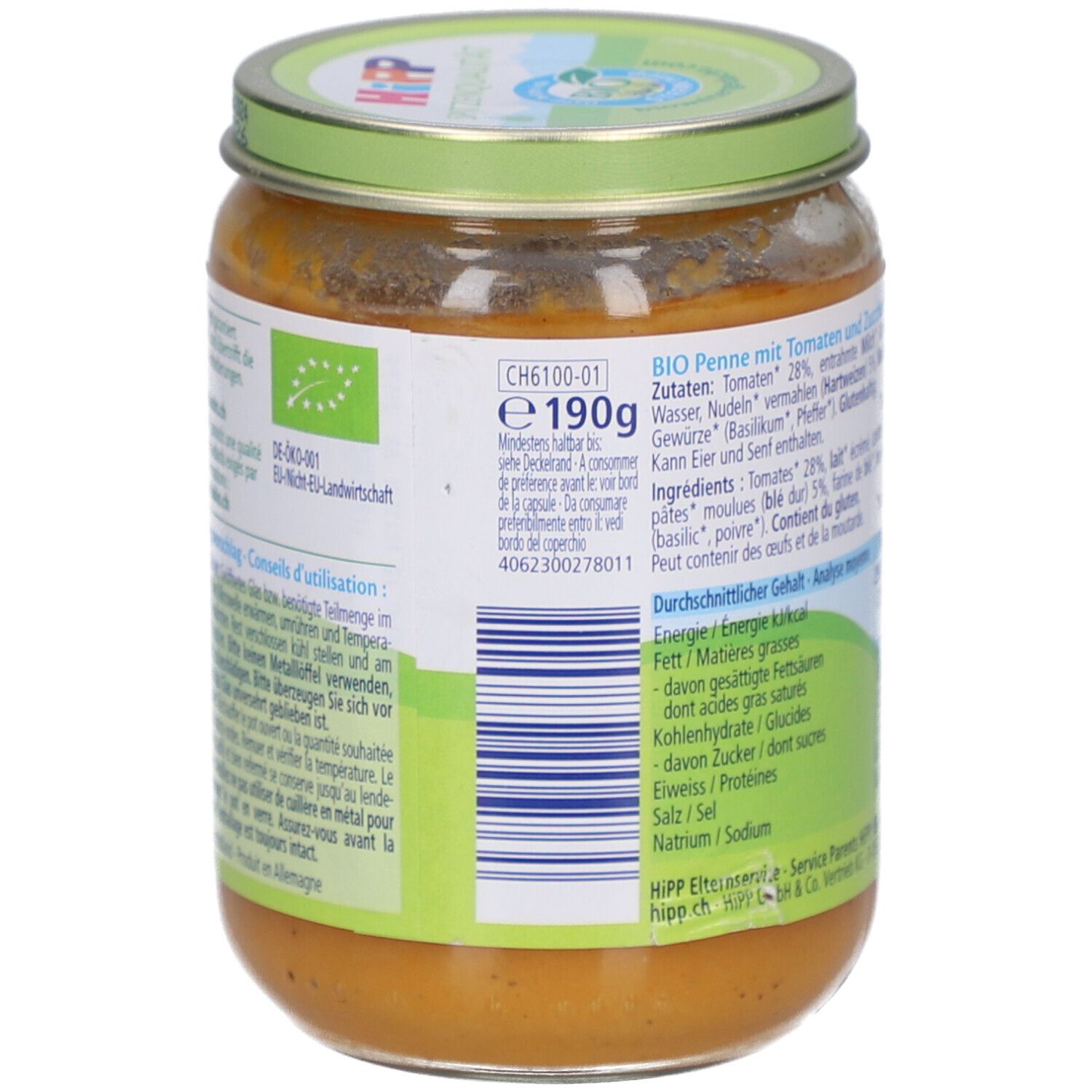 Rückseite des Glases HiPP Bio-Penne mit Tomaten & Zucchini. Zutatenliste, Nährwertangaben und Bio-Siegel. Gewicht 190g.