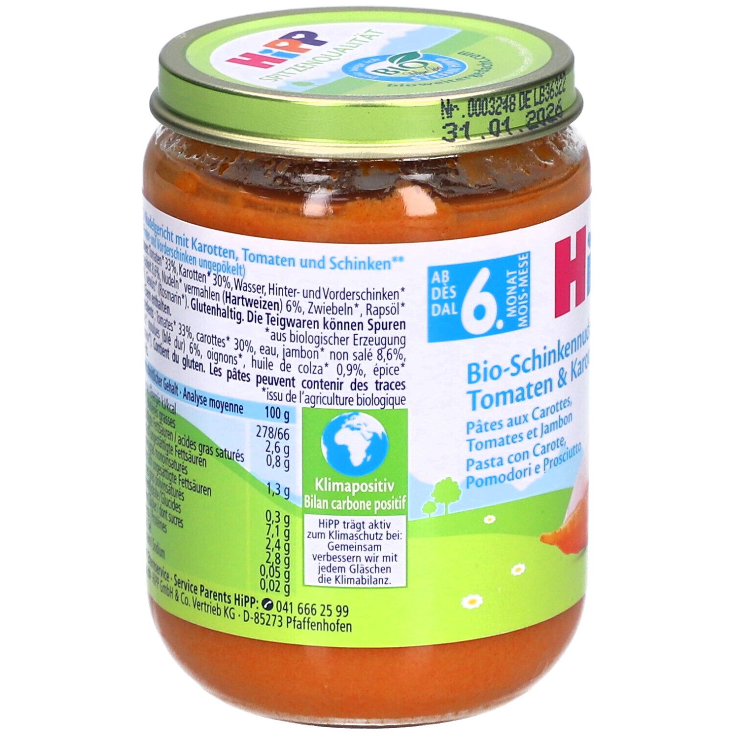 Rückseite des Glases HiPP Bio-Nudeln mit Schinken Tomaten & Karotten. Zutatenliste, Nährwertangaben, Bio-Siegel und Klimabilanz-Logo.
