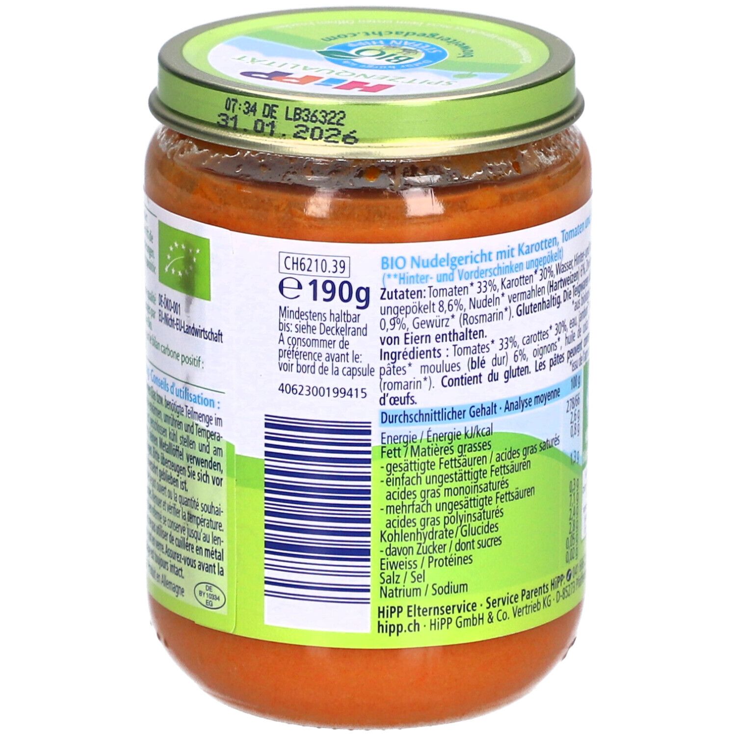 Glas HiPP Bio-Nudeln mit Schinken Tomaten & Karotten. Zutatenliste, Nährwertangaben. Bio-Siegel. Mindestens haltbar bis Datum.