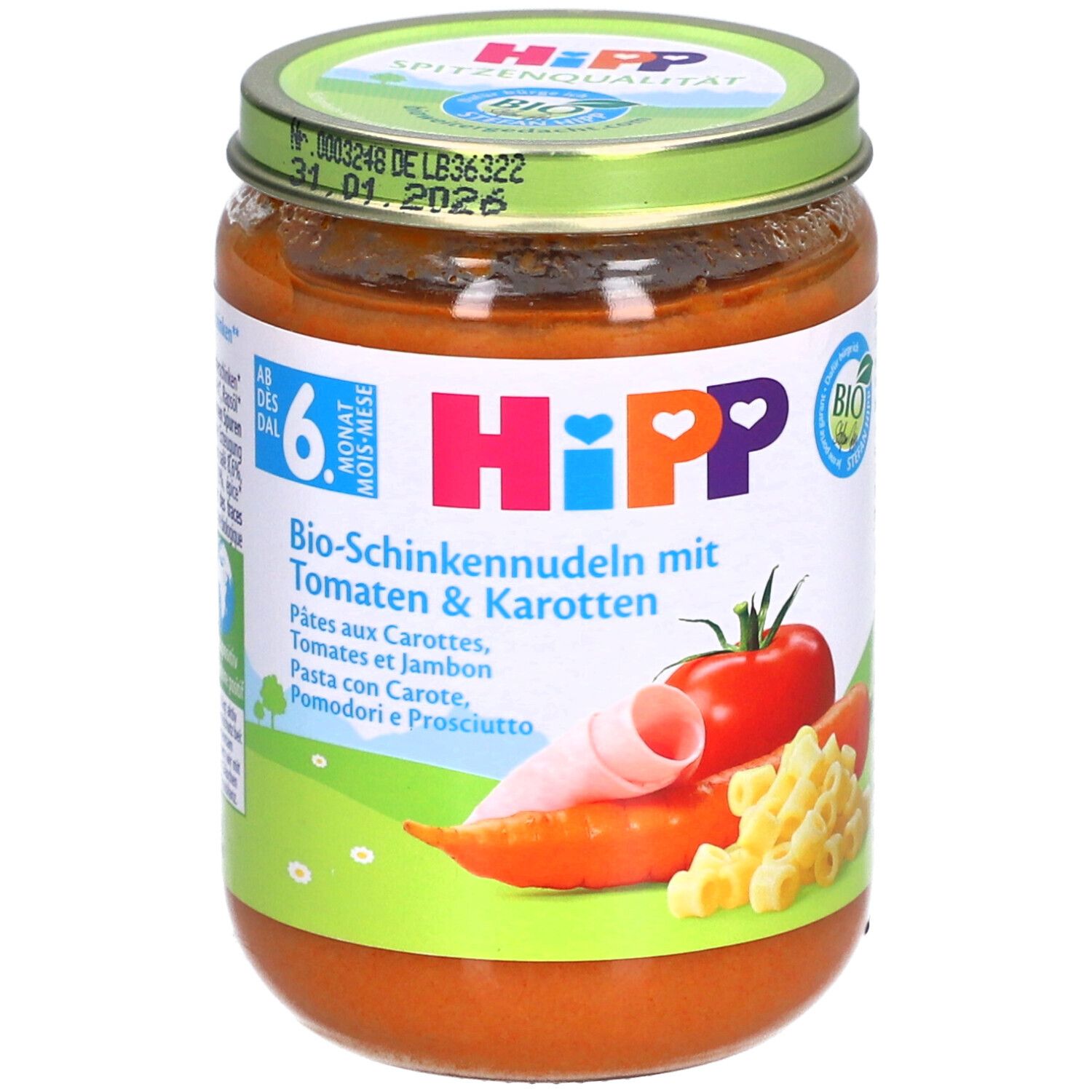 Glas mit HiPP Bio-Nudeln mit Schinken Tomaten & Karotten. Ab 6 Monaten. Mit Illustrationen von Tomate, Karotte, Nudeln und Schinken.
