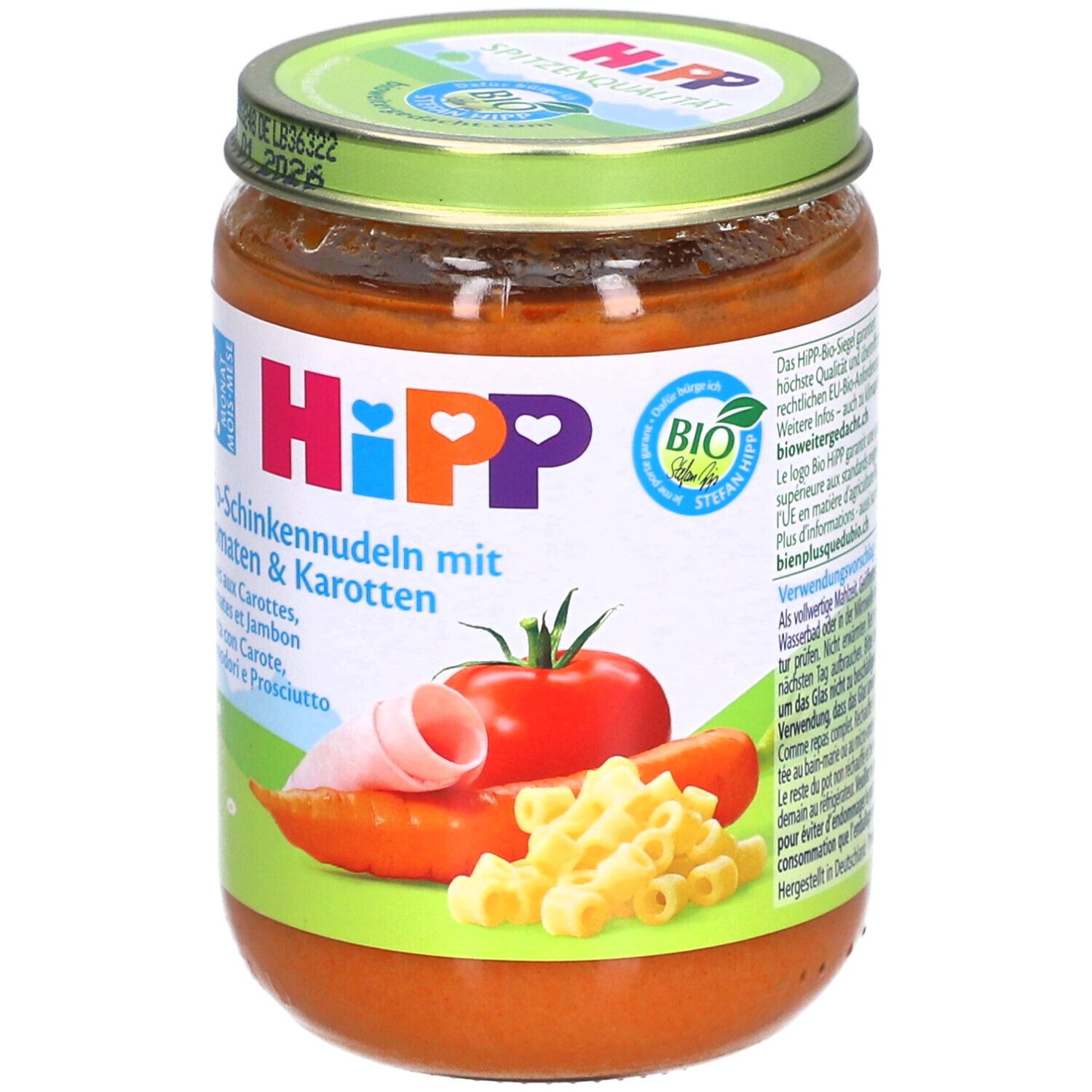 Glas mit HiPP Bio-Nudeln mit Schinken Tomaten & Karotten. Ab 6 Monaten. Mit Illustrationen von Tomate, Karotte, Nudeln und Schinken.