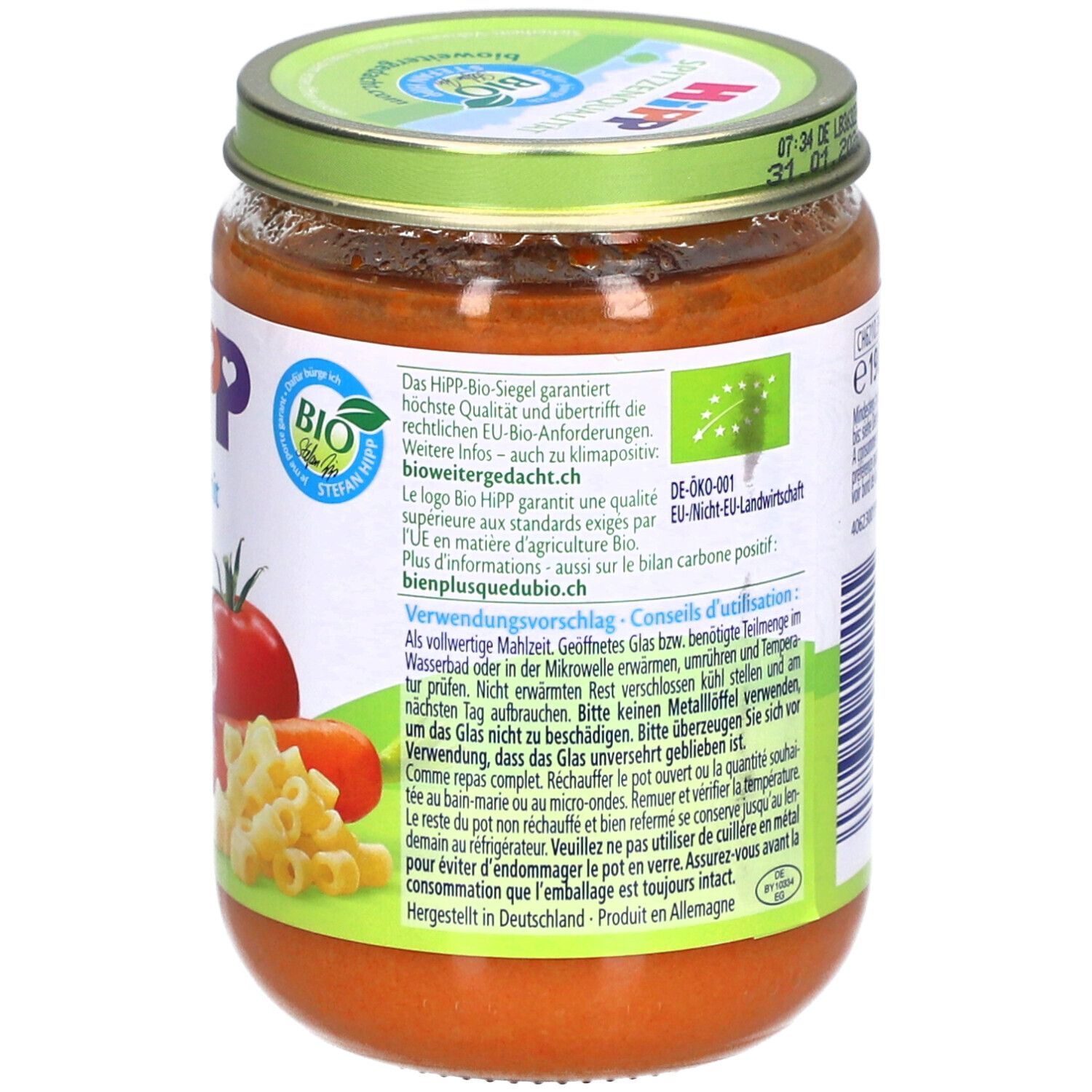 Rückseite des Glases HiPP Bio-Nudeln mit Schinken Tomaten & Karotten. Bio-Siegel, Verwendungs- und Zubereitungshinweise.