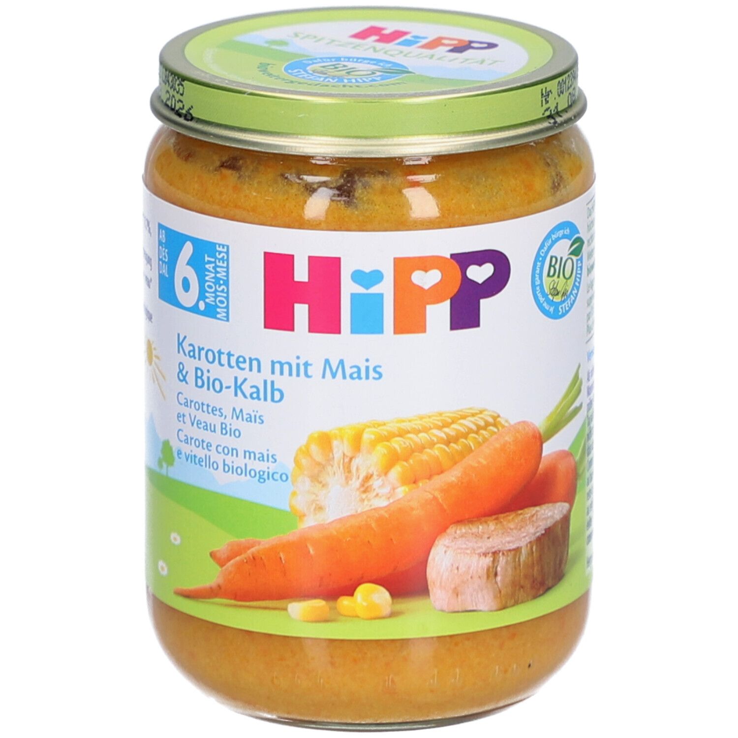 Pot de purée HiPP Bio-Carottes, Maïs & Veau. Carottes, maïs et veau illustrés. Label bio.