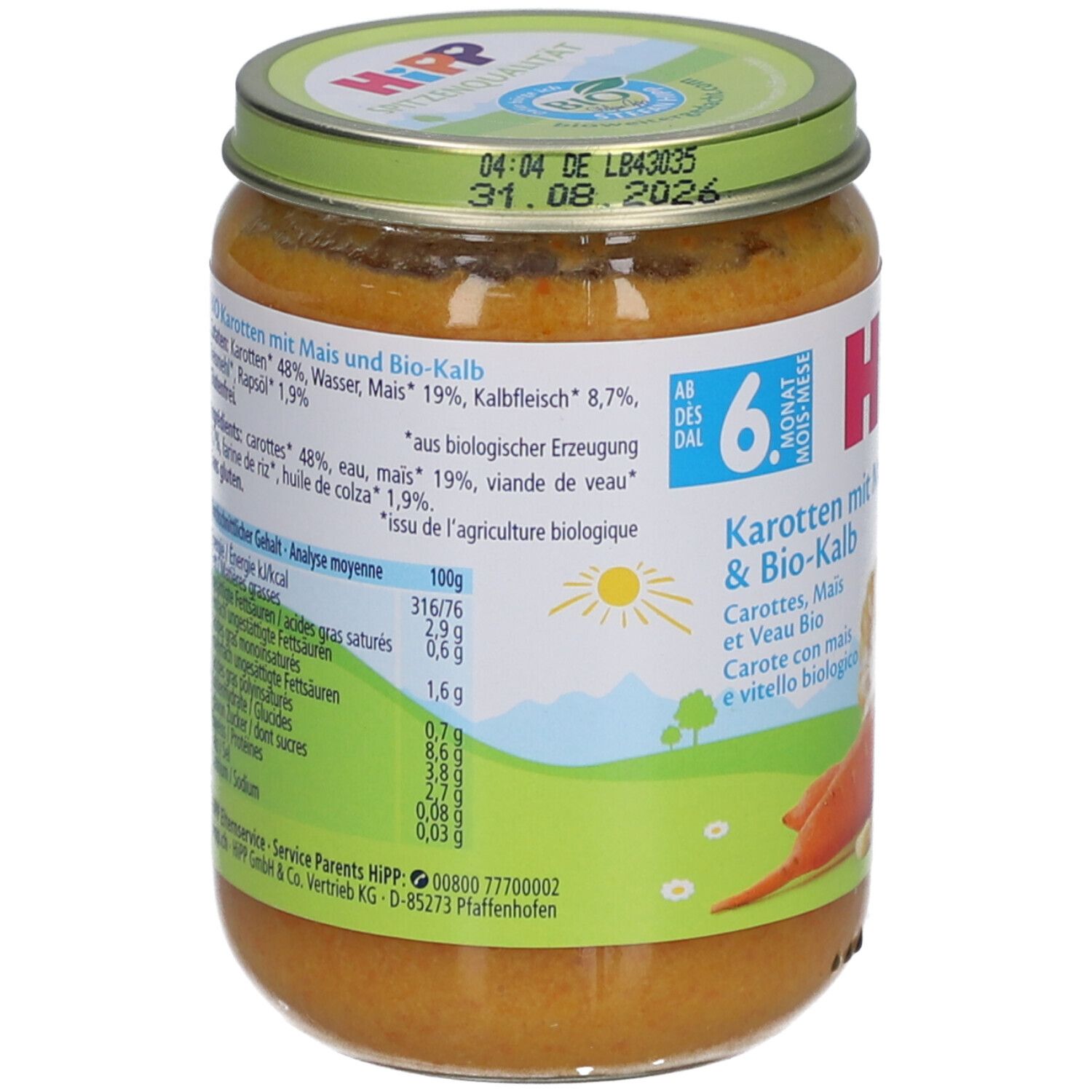 Pot de purée HiPP Bio-Carottes, Maïs & Veau. Informations nutritionnelles et liste des ingrédients. Label bio.