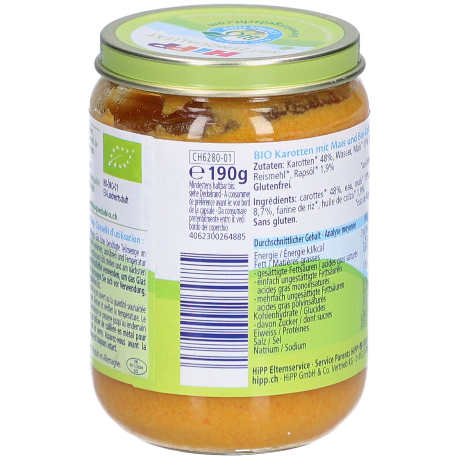 Dos du pot HiPP Bio-Carottes, Maïs & Veau. Liste des ingrédients, informations nutritionnelles. Label bio.