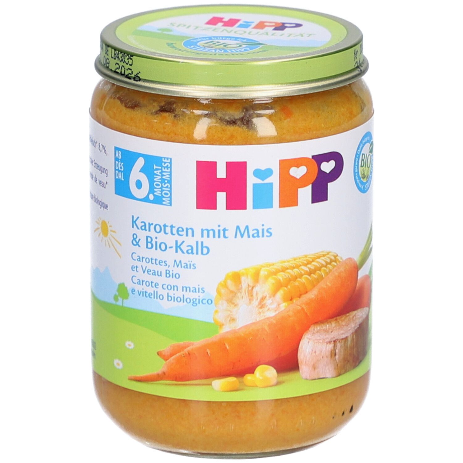 Pot de purée HiPP Bio-Carottes, Maïs & Veau. Carottes, maïs et veau illustrés. Label bio.