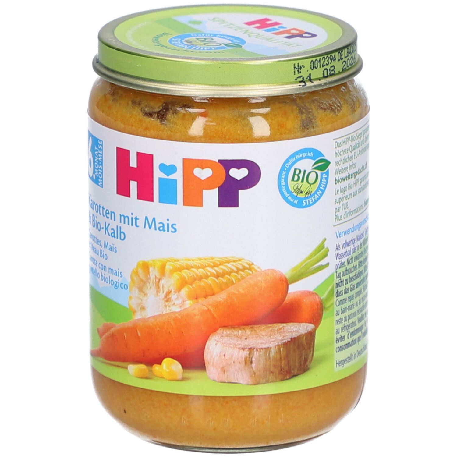Pot de purée HiPP Bio-Carottes, Maïs & Veau. Carottes, maïs et veau illustrés. Label bio. Stefan Hipp.