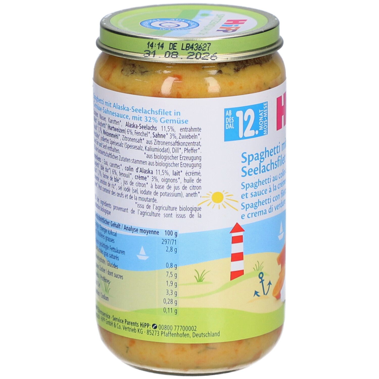 Pot HiPP Bio-Spaghetti avec colin d'Alaska et crème de légumes. Dos avec informations nutritionnelles, liste des ingrédients et date de péremption.