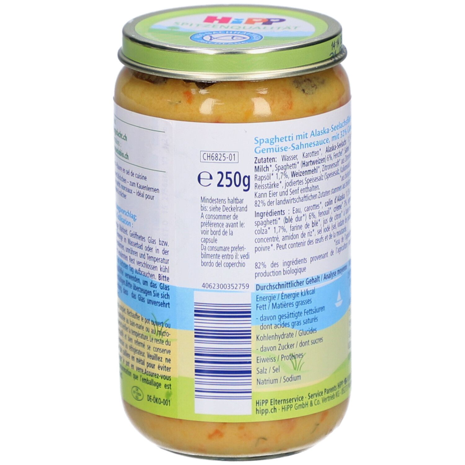 Pot HiPP Bio-Spaghetti avec colin d'Alaska et crème de légumes. Dos avec informations nutritionnelles, liste des ingrédients et date de péremption.