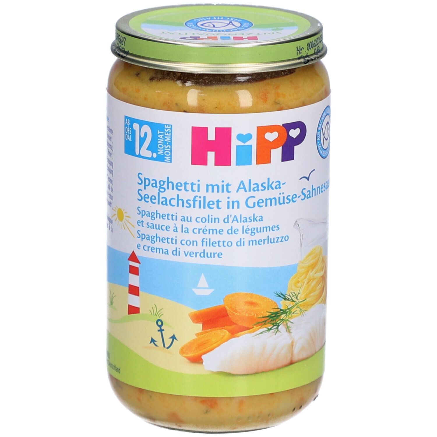 Pot de HiPP Bio-Spaghetti avec colin d'Alaska et crème de légumes. Étiquette avec nom du produit, illustrations et indication 12+ mois.