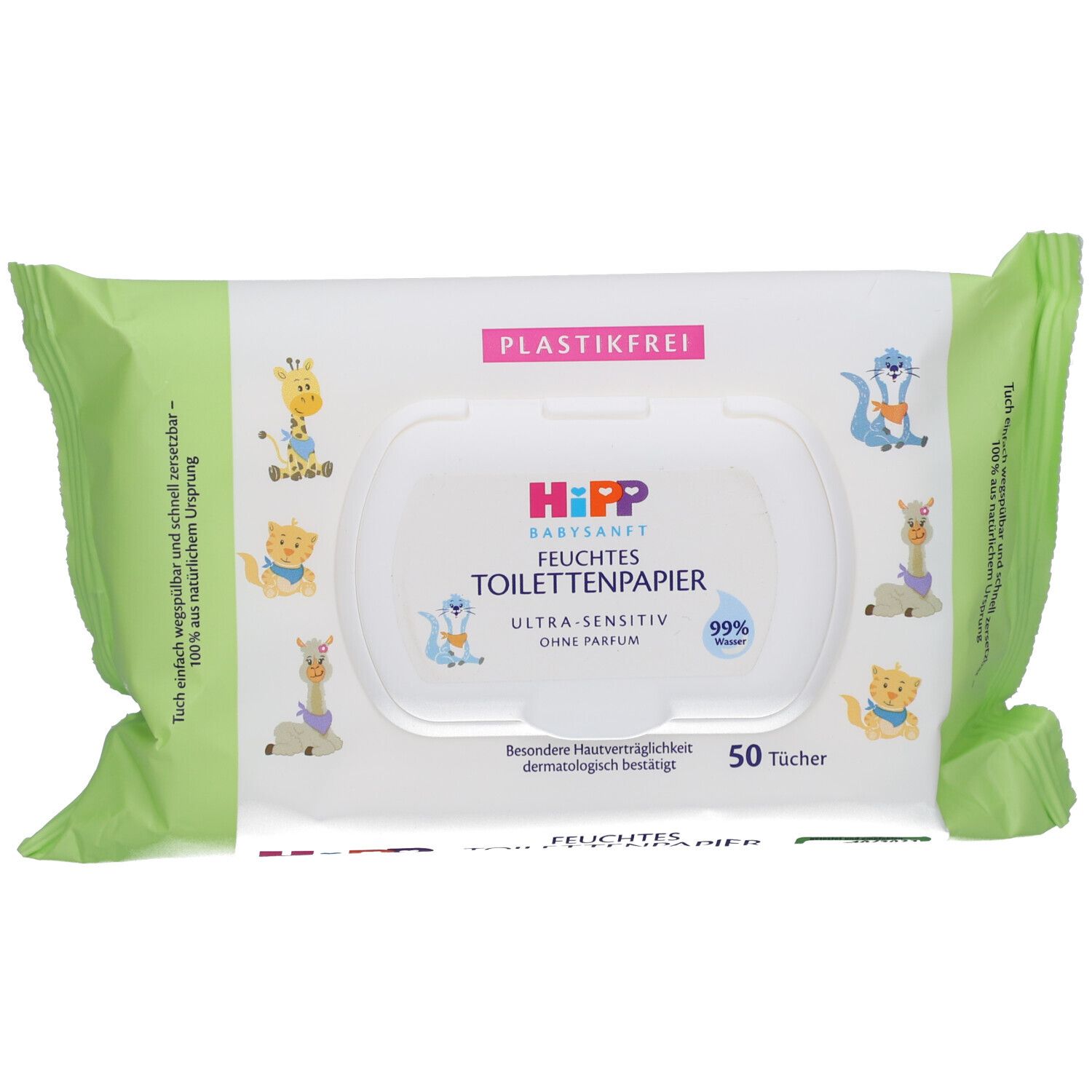 Paquet de papier toilette humide, blanc avec des accents verts. Inscription : HIPP Babysanft, 50 lingettes, sans plastique.