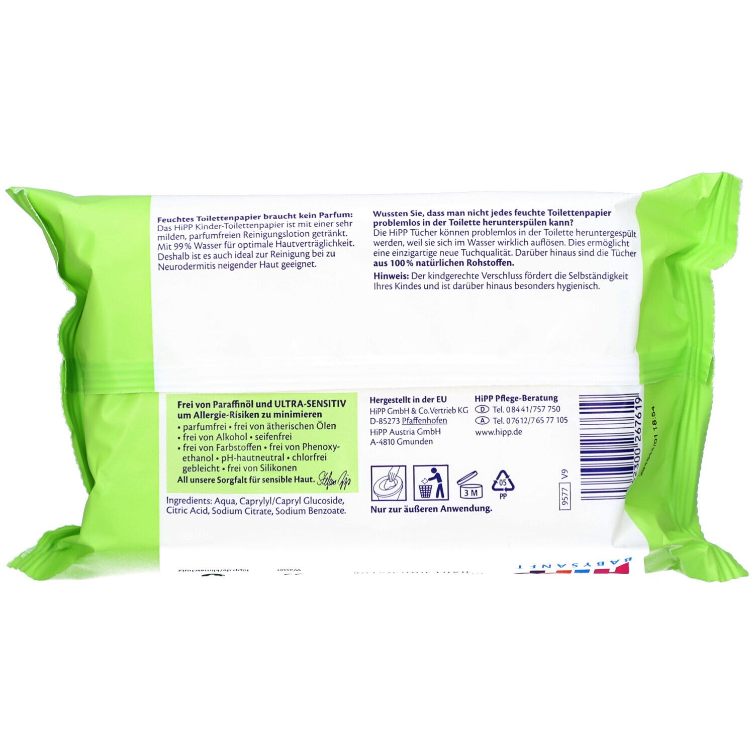 Dos du paquet de papier toilette humide. Texte : ingrédients, informations fabricant, consignes d'élimination.