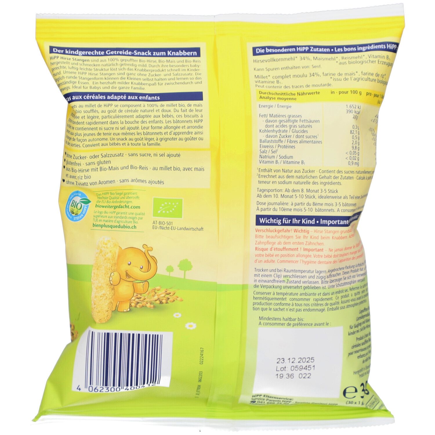 Rückseite der HIPP Bio Hirse Stangen Verpackung. Text, Nährwertangaben, Bio-Siegel und Barcode. Gelber Hintergrund.