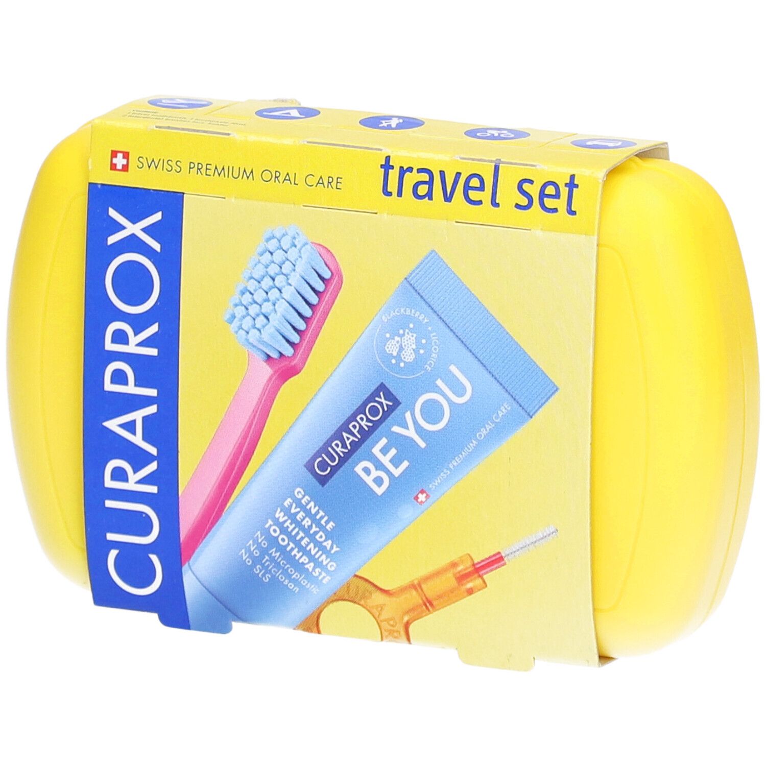 Gelbes CURAPROX Travel Set mit Zahnbürste, Zahnpasta und Interdentalbürste. Verpackung mit Schriftzug.