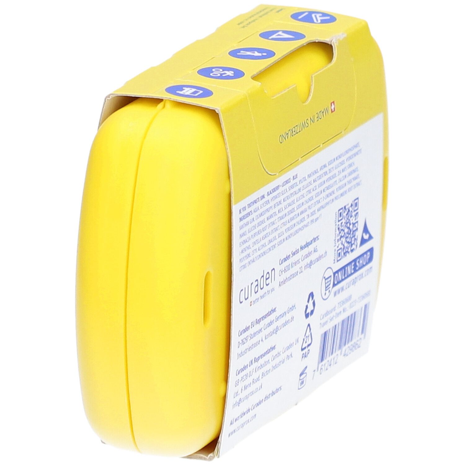 Rückansicht des gelben CURAPROX Travel Sets. Verpackung mit Informationen und QR-Code.
