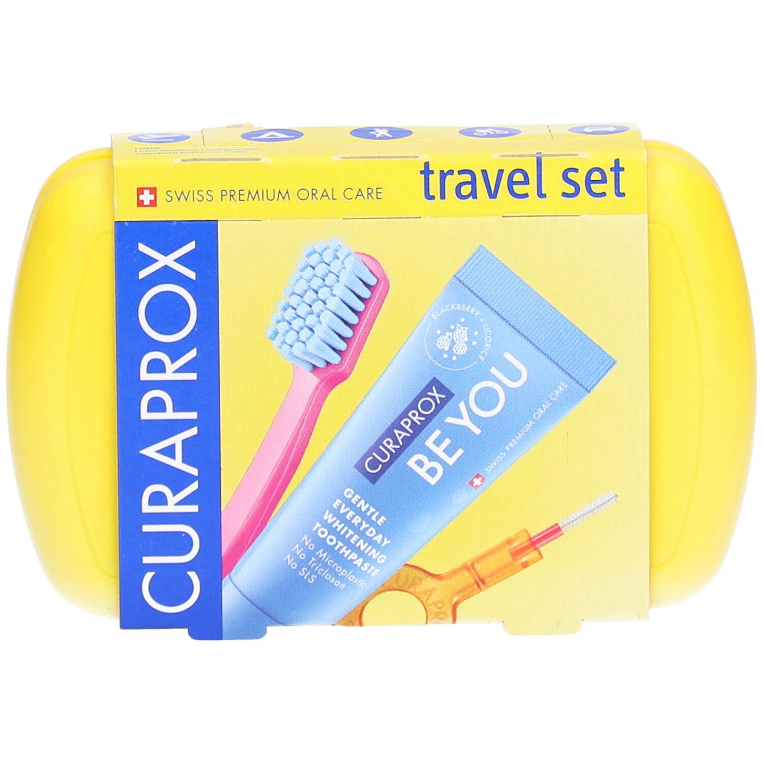 Gelbes CURAPROX Travel Set mit Zahnbürste, Zahnpasta und Interdentalbürste. Verpackung mit Schriftzug.