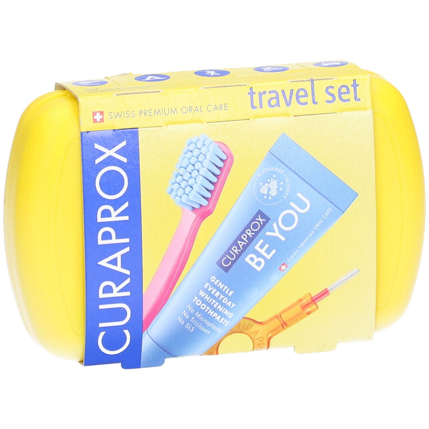 Gelbes CURAPROX Travel Set mit Zahnbürste, Zahnpasta und Interdentalbürste. Verpackung mit Schriftzug.