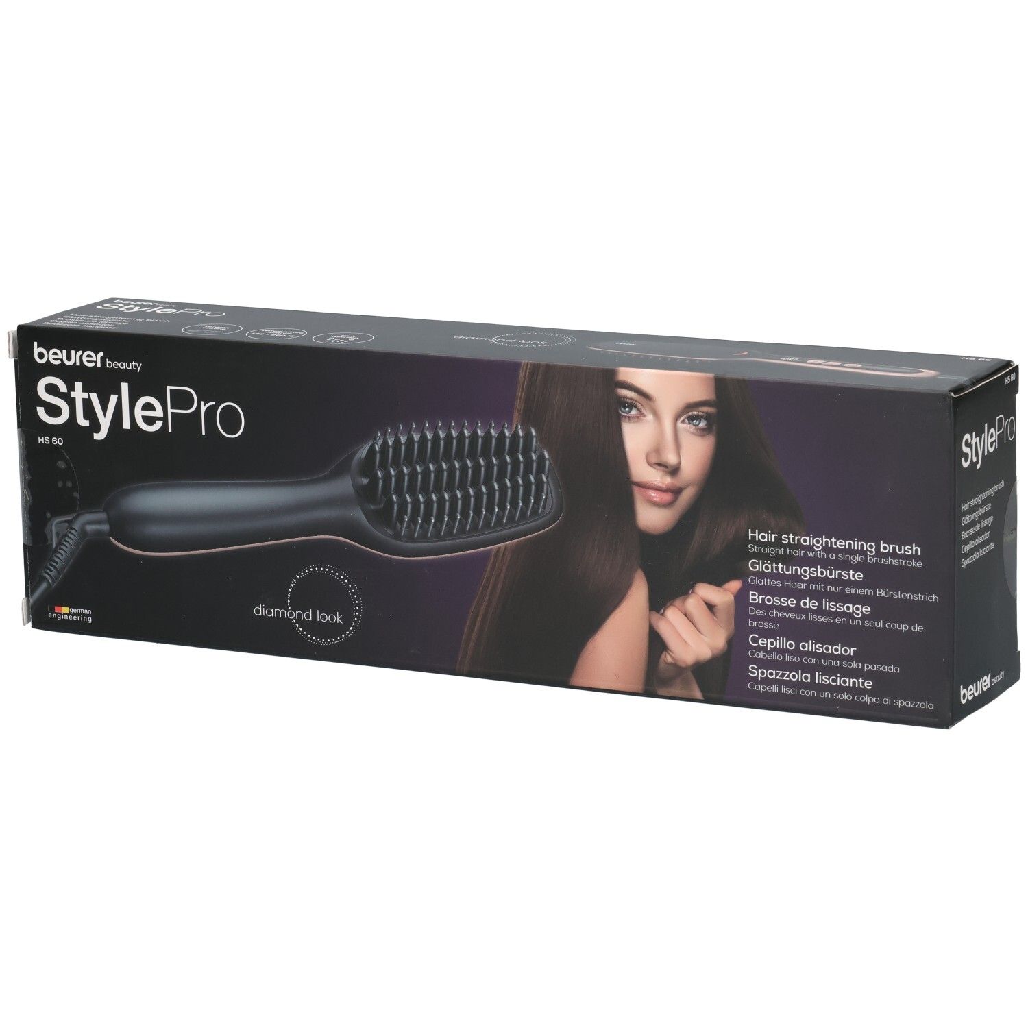 Emballage de lisseur. Marque Beurer StylePro. Image du produit et nom. Boîte noire avec image du produit.
