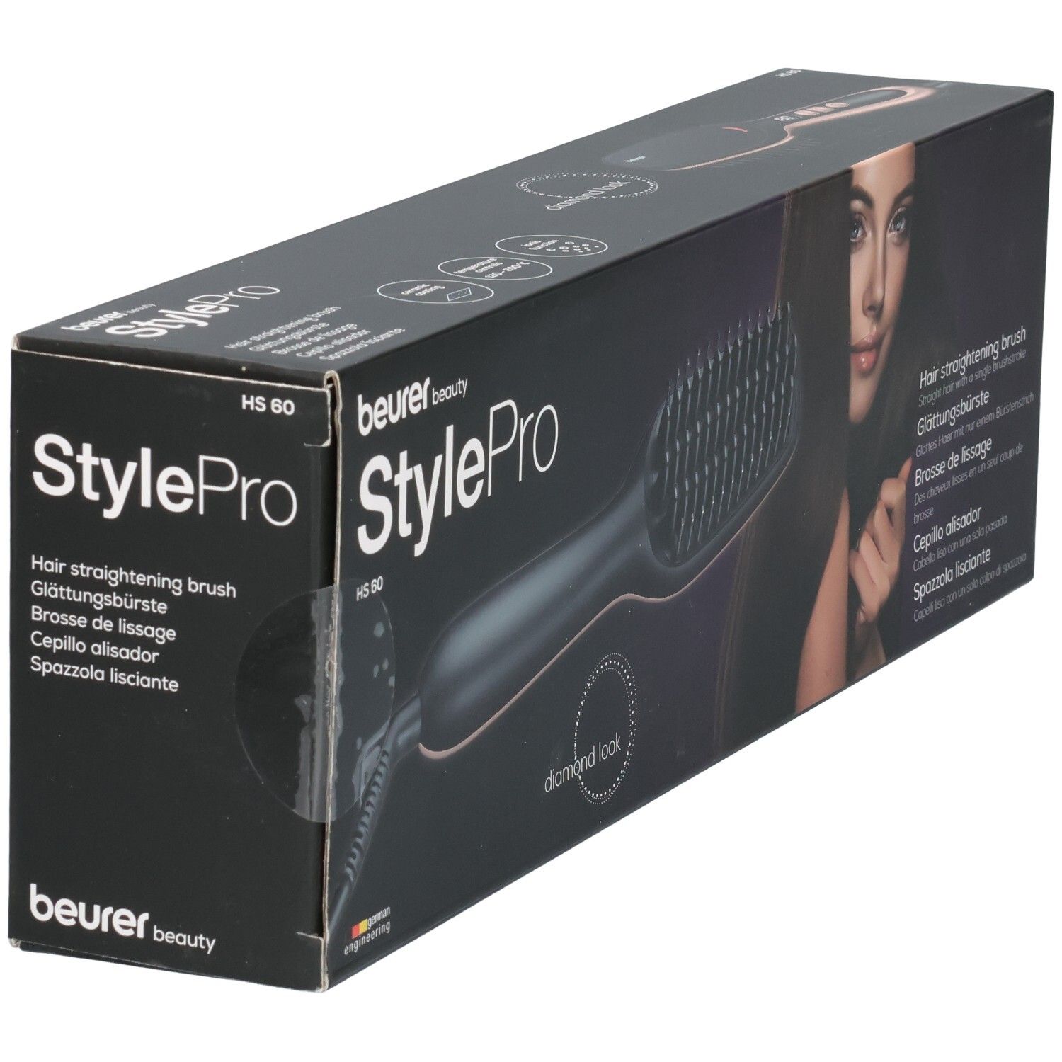 Emballage de lisseur. Marque Beurer StylePro. Boîte noire avec image et nom du produit.