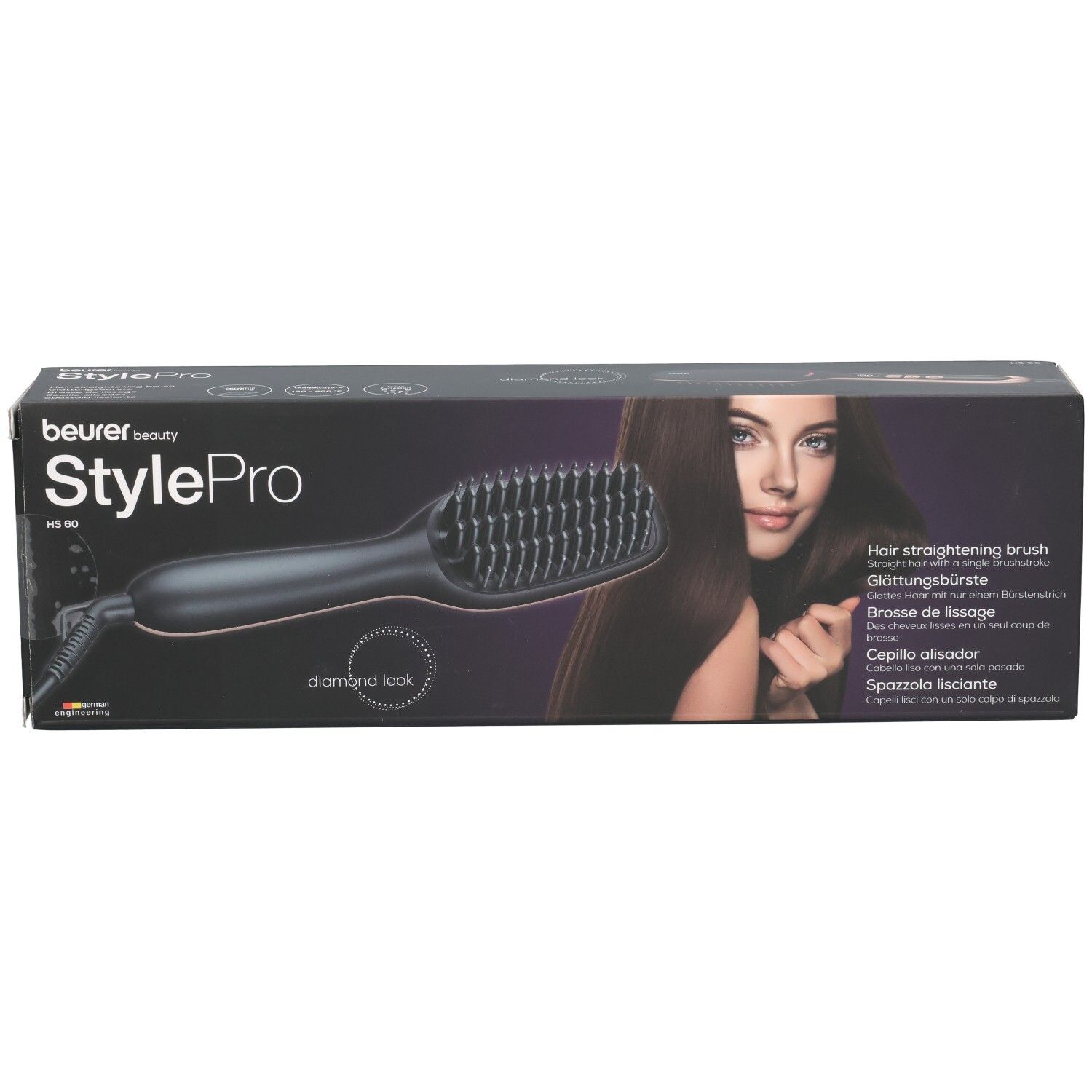 Emballage de lisseur. Marque Beurer StylePro. Boîte noire avec image et nom du produit.