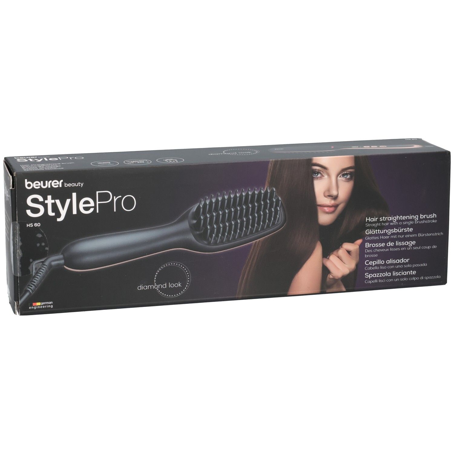 Emballage de lisseur. Marque Beurer StylePro. Boîte noire avec image et nom du produit.
